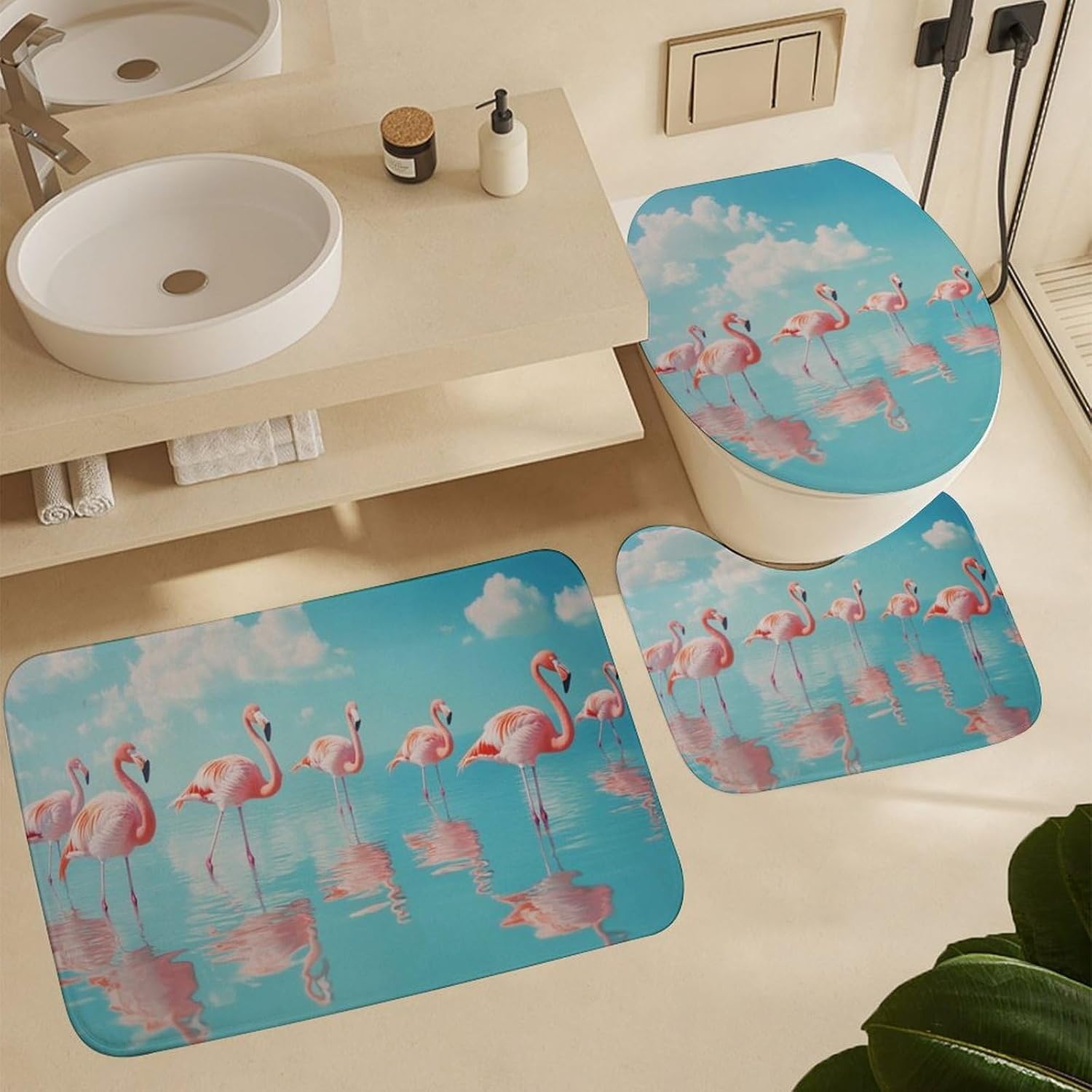 4Pcs Tropical Flamingos Animal Shower Curtain Set, Coastal Sky Water Blue Bathroom Decor Set with Rug Bathroom Accessory Bathroom Curtain Shower Set, 72" x 72"