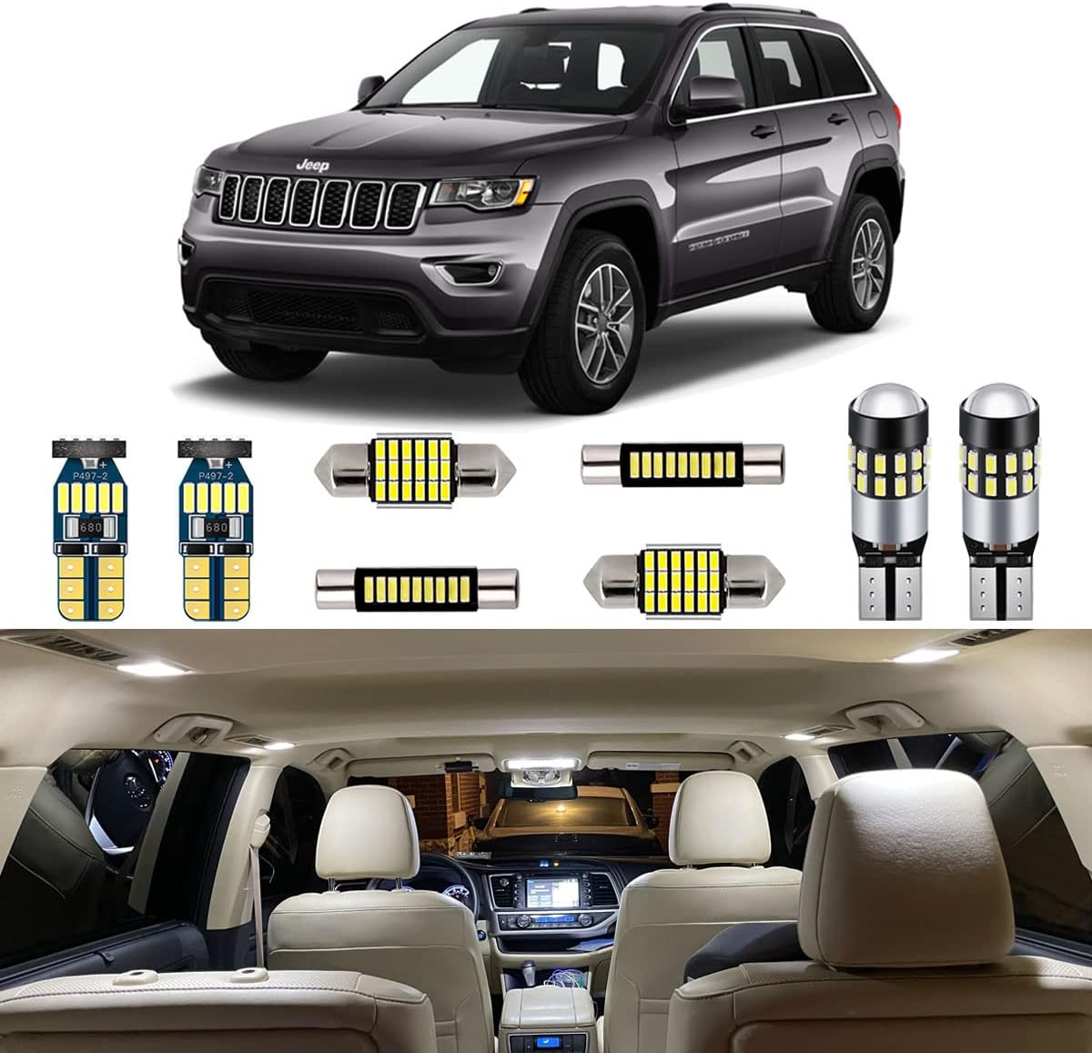 15 Piece White Interior LED Lights Kit for Jeep Grand Cherokee 2011 2012 2013 2014 2015 2016 2017 2018 2019 2020 Super Bright 6000K Interior LED Light Bulbs Package + Install Tool