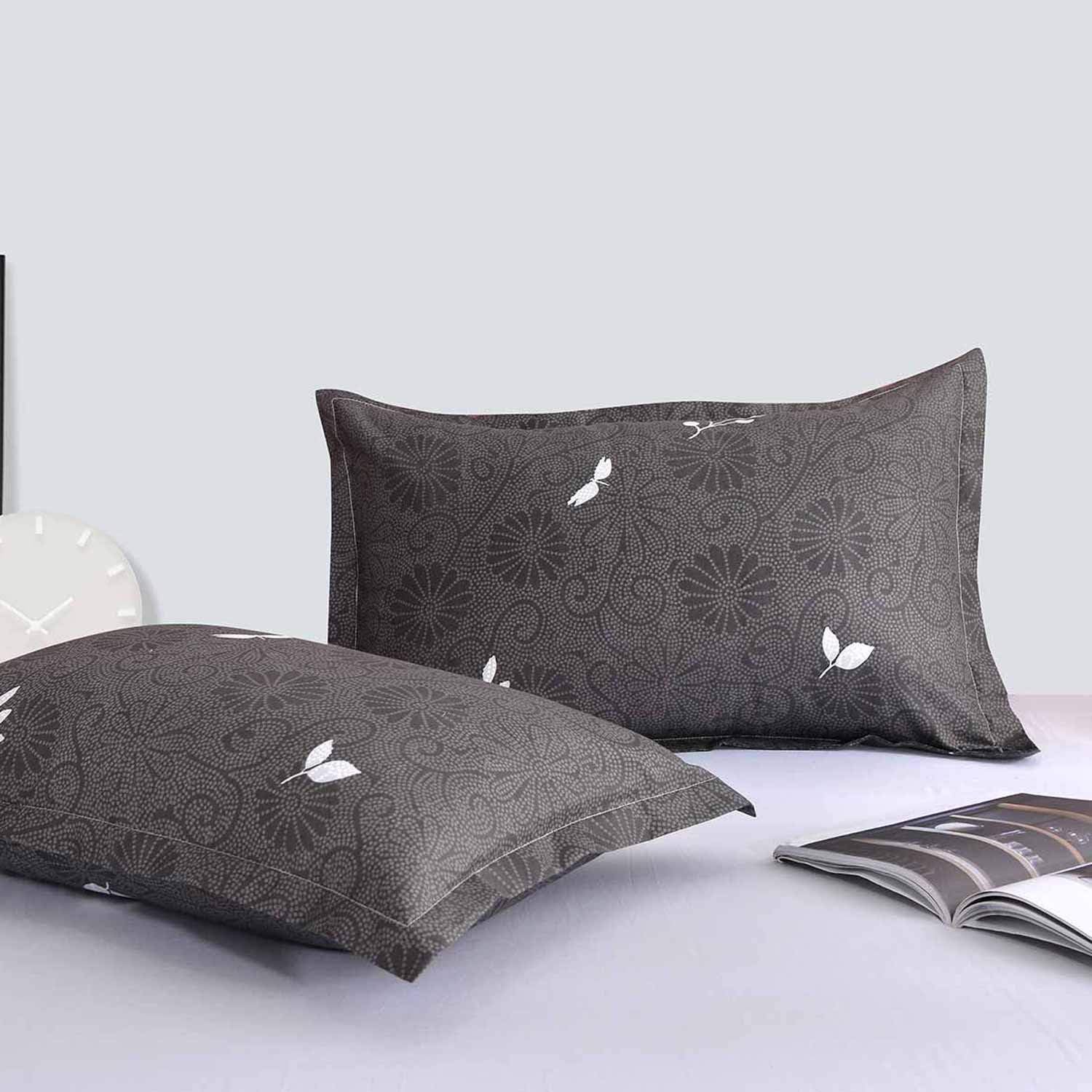 NANKO Queen Comforter Set 3pc, Black Grey Floral Leaf Reversible Down Alternative Microfiber Bedding - All Season Duvet and 2 Pillowshams Bed Sets for Women, Size 88 x 90 Flower Luxury Retro Farmhouse