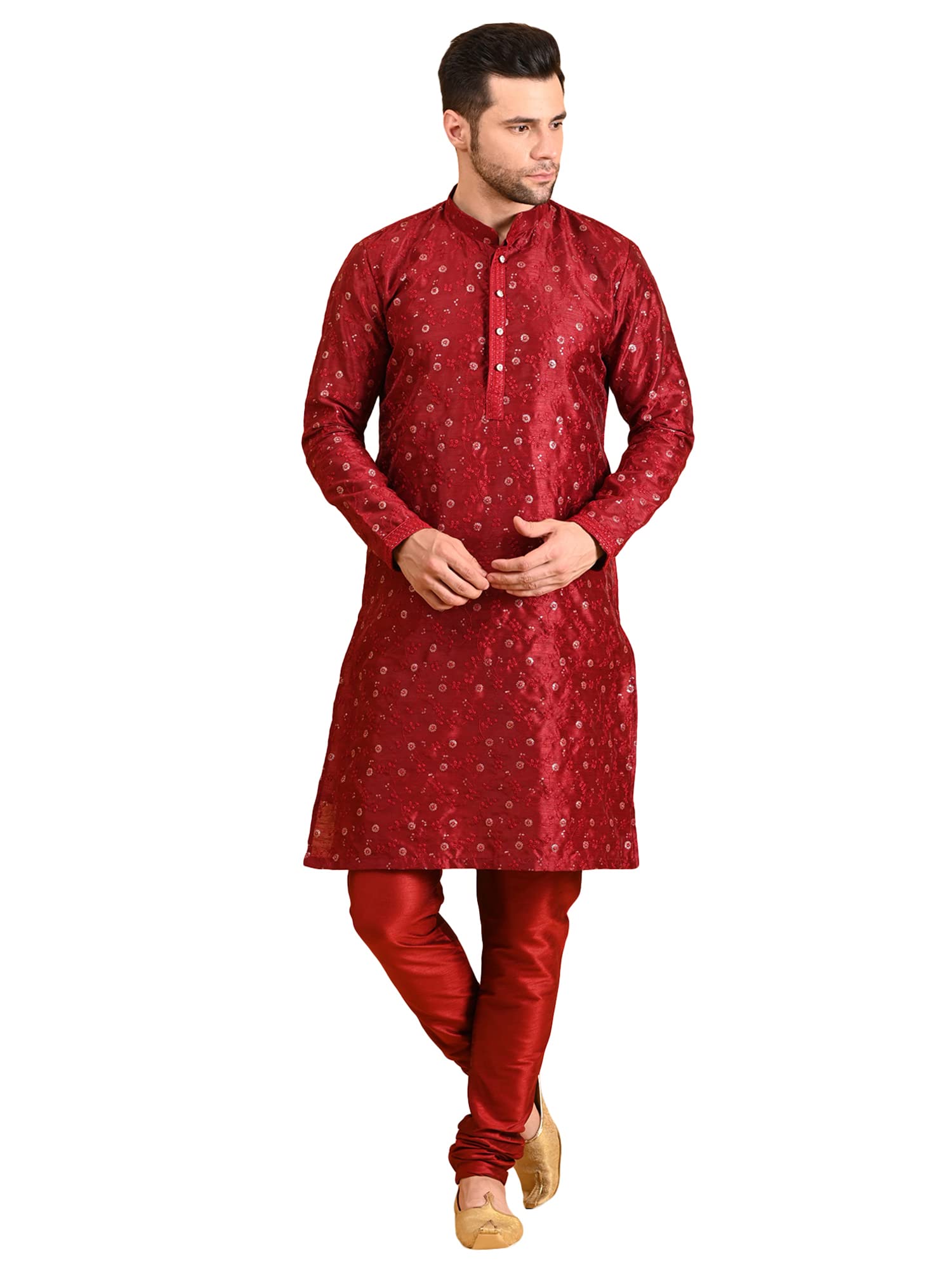 Embroidery Silk Men's Kurta Pyjama Set-image-1