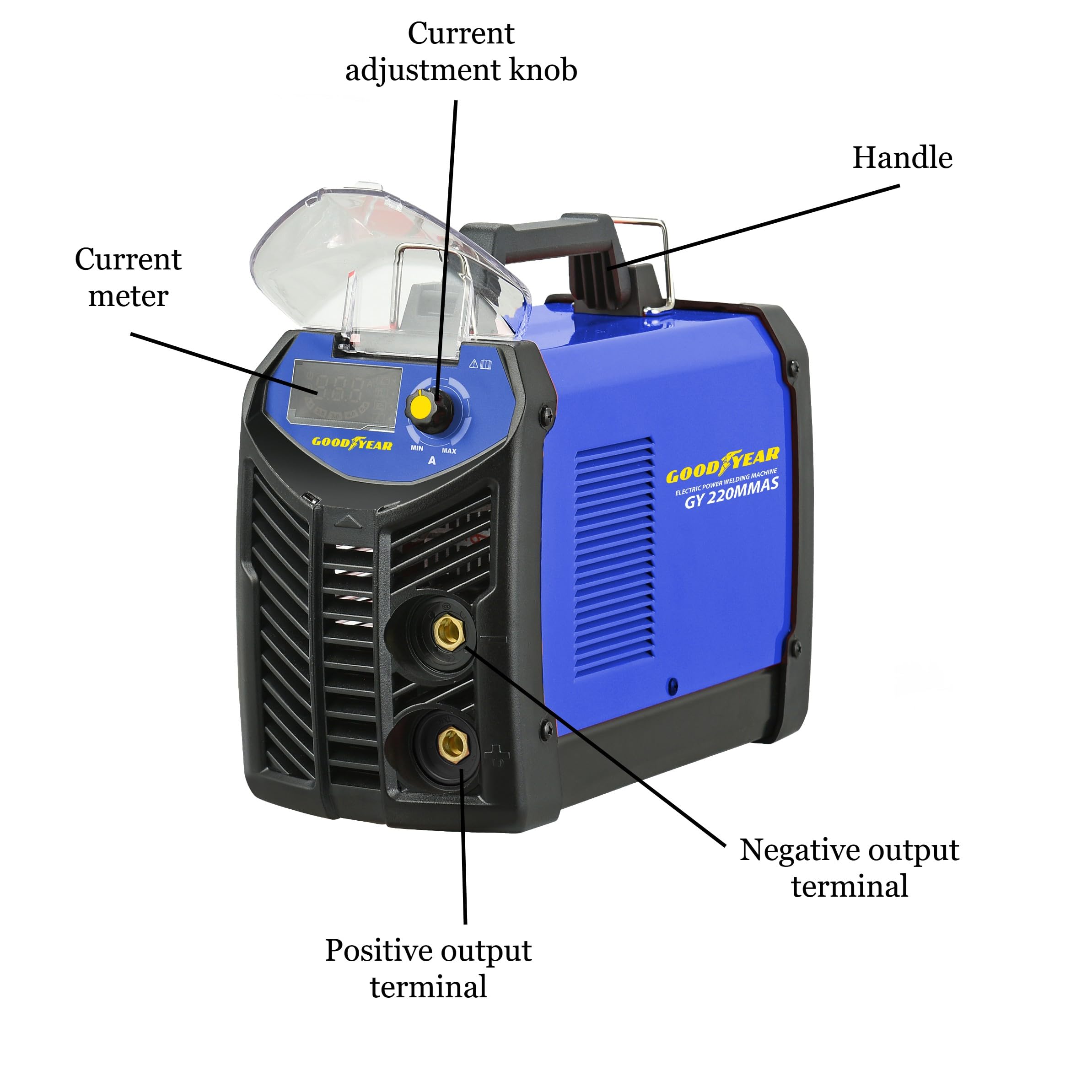 Goodyear - Soldador de Arco Inverter MMA 200A con Accesorios, DC 110V-220V, Corriente Salida DC, Ciclo 45%, VRD, Hot Start, IP21, Soldadura 7018/6010/6011/6013 hasta 3.25mm