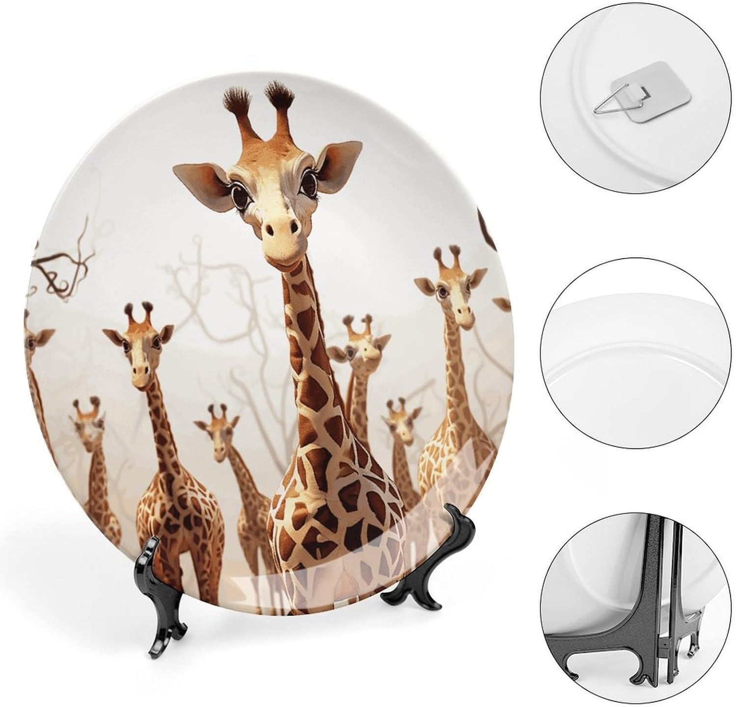 Cute Cartoon Funny Giraffes Bone China Decorative Plate with Display Stand, Ceramic Ornaments Plate for Wall Hanging, Personalized Porcelain Plates for Office, Living Room 8inch