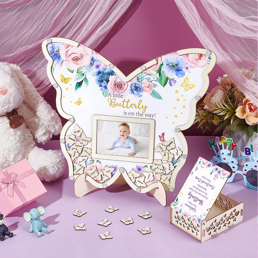 Peacoblue Gästebuch-Alternative für Babyparty 73-tlg Holz Schmetterling-Erinnerungsset mit Rahmen, Erinnerungsbox und Unterschriftsstücken Holzrahmen Taufe Alternative Gästebuch für Geburtstag