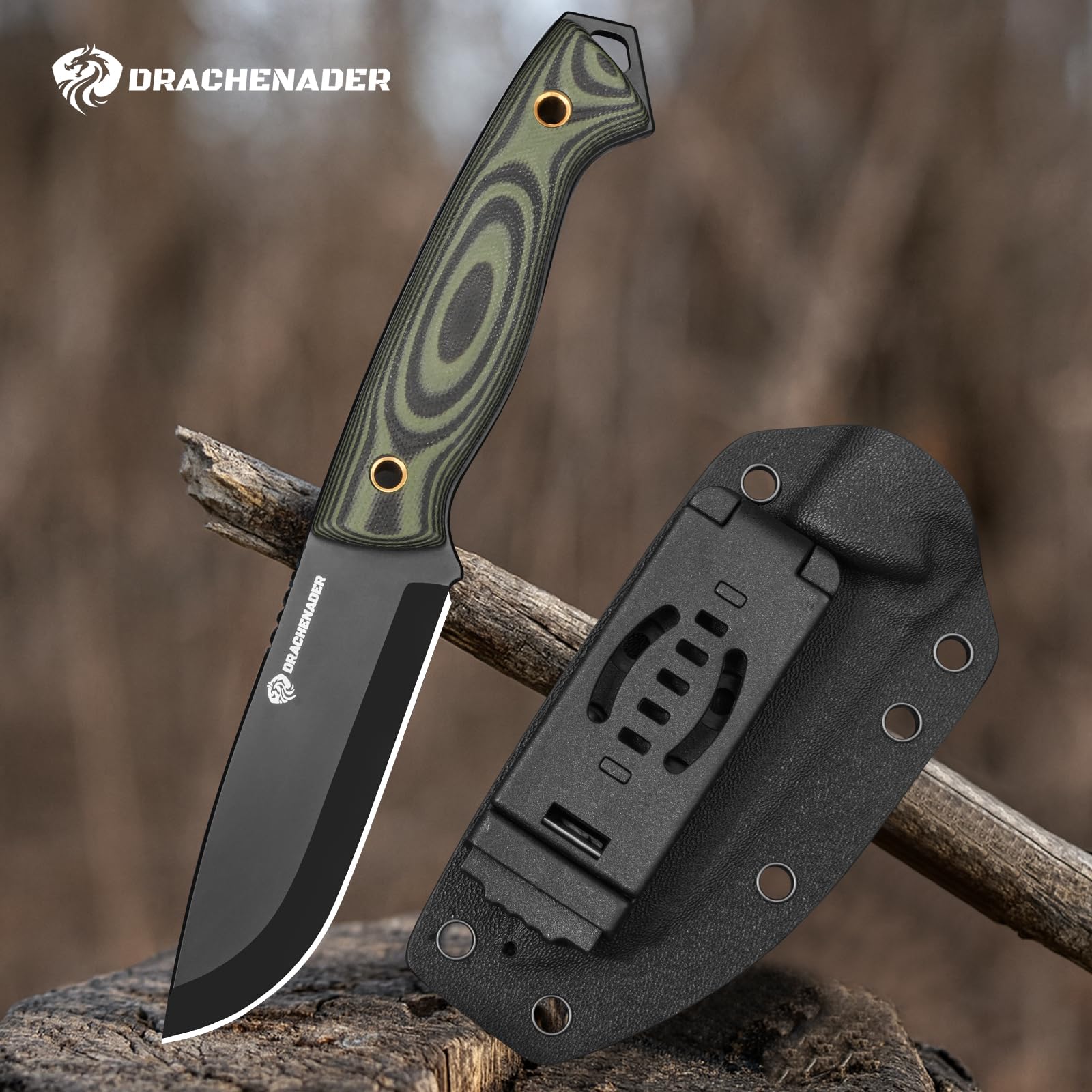 DRACHENADER Cuchillo de Supervivencia AQUILA-X, hoja 10,7 cm, Full Tang, acero inoxidable D2, con funda Kydex para cinturón, hoja negra y mango G10 verde