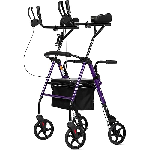 ELENKER Upright Walker, Stand Up Rollator Walker with Padded Seat and Backrest, Compact Folding, Fully Adjustment Frame for Seniors, Purple