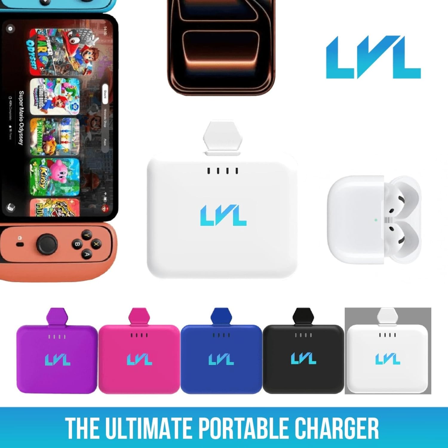 LVL Spark Charger - 3 Pack- Midnight Black - Hot Pink - Deep Purple USB C 2500mAh Power Bank Portable Charger Bundle