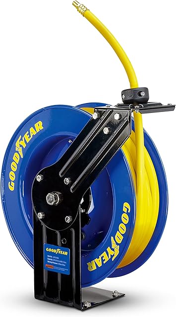 Goodyear Air Hose Reel Retractable 9.5mm x 15m 20BAR Max SBR Rubber Hose Heavy Duty Industrial Steel Single Arm Construction