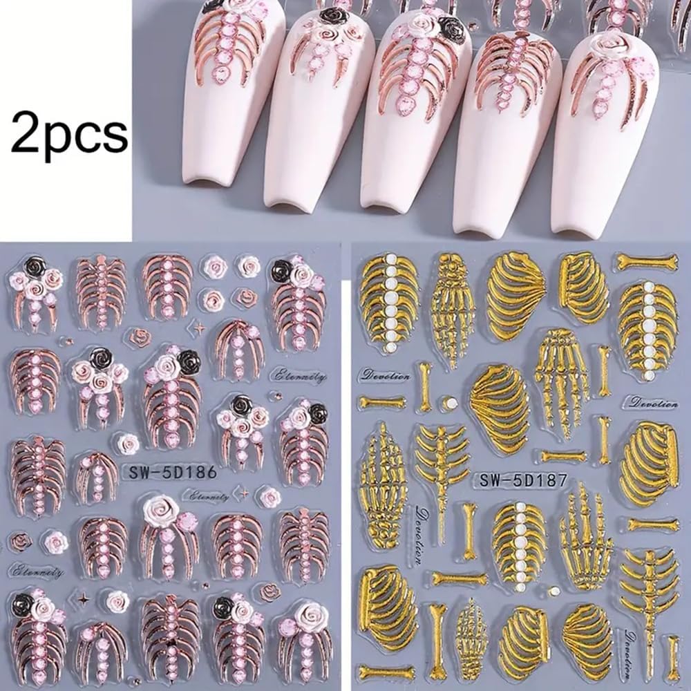 2 Sheets 5D Embossed Skull & Bone Nail Decals for Nail Art Self-Adhesive Halloween Nail Stickers Pink Hand Bone Rose Flower Nail Art Stickers Scary Gold Bones Design Decals for Women Nail Accessories image 5