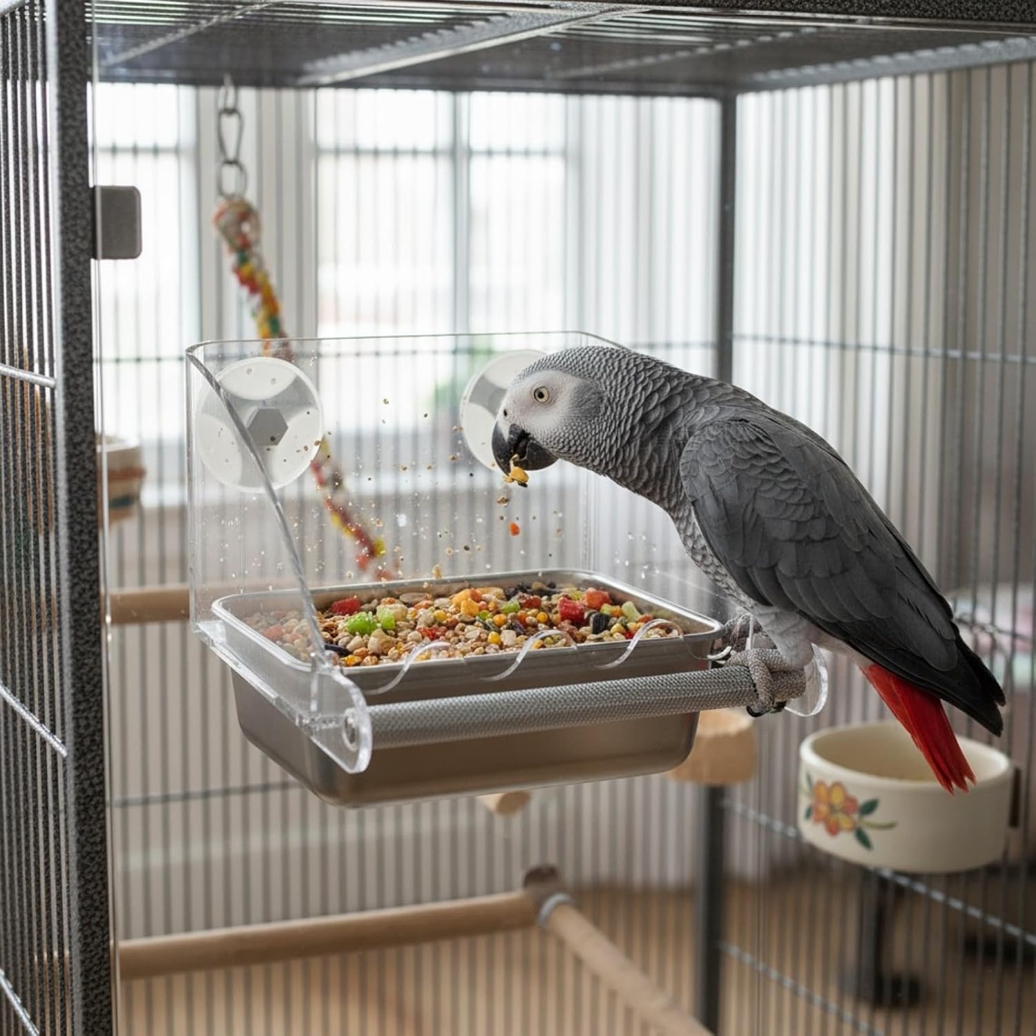 Stainless Steel Anti-Spill Bird Feeder, Chew-Resistant Acrylic Hanging Bowl for Lovebirds, Parakeets, Easy Feeders Hanging Food Container