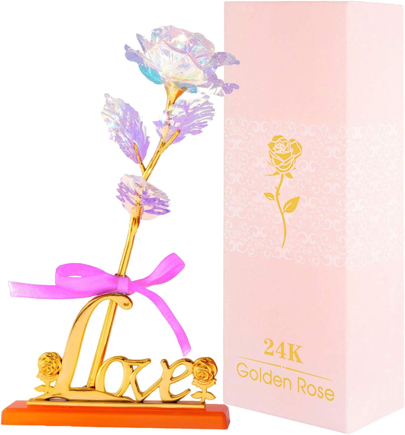 Acoavo Colorful Roses Artificial Golden Rose Plastic Flower with a Love Stand Base, Perfect Valentine's Day