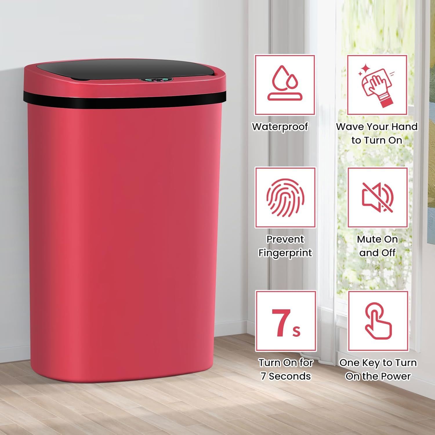 13 Gallon Kitchen Trash Can with Lid - 50L Sensor Automatic Garbage Bin for Kitchen, Office, Bedroom, Living Room - Touchless Wastebasket, Odor-Control, Beautiful Design (Red)