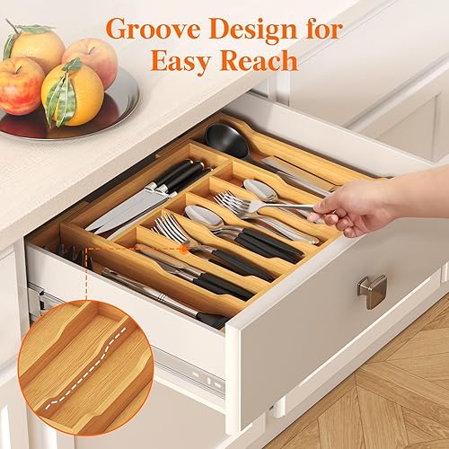 Miniatura 7 de Lifewit Organizador de cajones de cubiertos, bandeja expandible para utensilios de cocina, cubiertos de bambú y soporte para cubiertos,