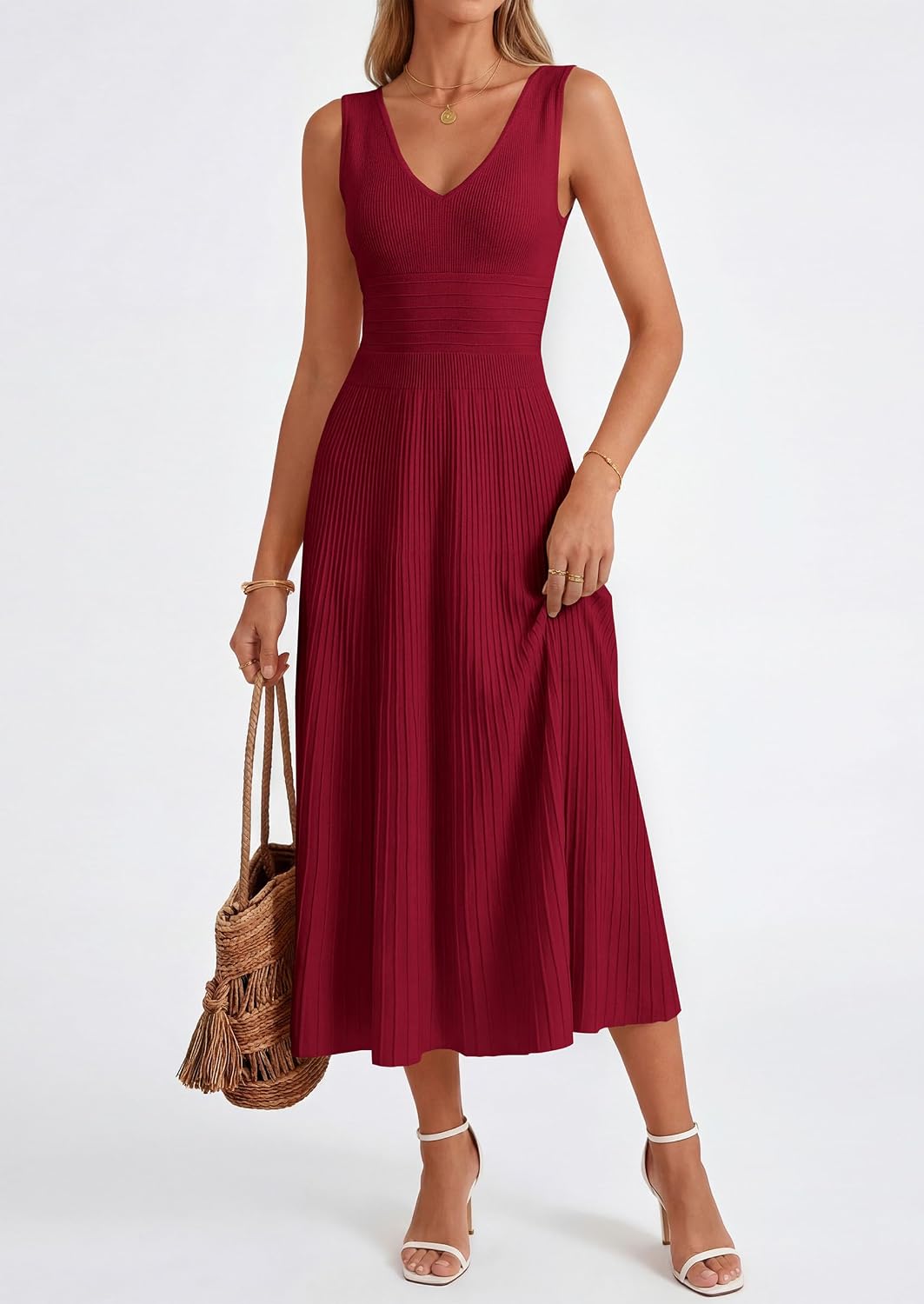  Women's Summer V Neck Pleated Midi Dress | Sleeveless A-Line Long Dresses, Elegant Semi Formal Spring Dress for Work, Wedding Guest, Cocktail, Casual Vacation Outfits thumbnail