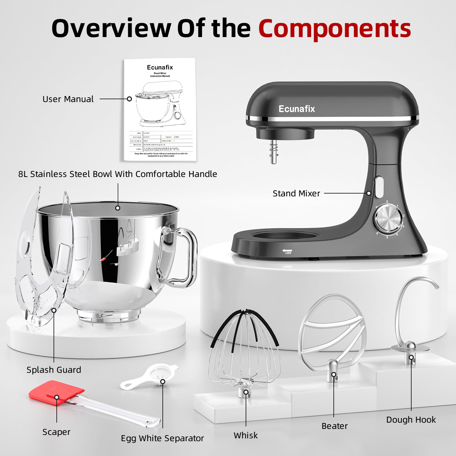 Robot Patissier 2000W 8L Robot Cuiseur Multifonction Pétrin Mixeur | Professionnel avec Crochet Pétrisseur, Batteur, Fouet à Fil, Couvercle, 6+P Vitesses