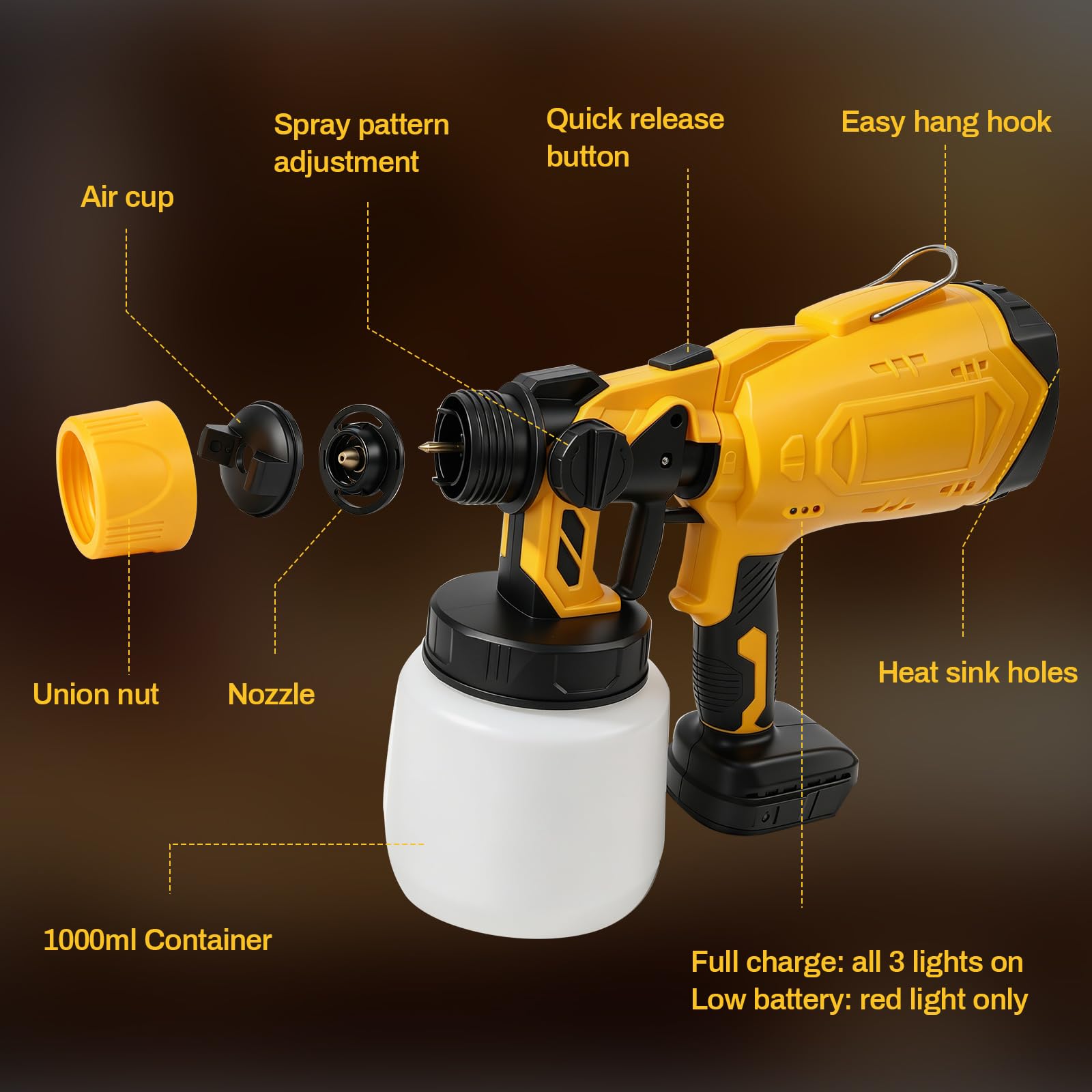 Kabellose Farbspritzgerät Kompatibel mit Dewalt 18V-20V Akku, 200W Farbspritzpistole mit 1000ML Behälter und 4 Düsen, Elektrische Tragbare Spritzpistole für Zäune, Wände, Möbel (Gelb)
