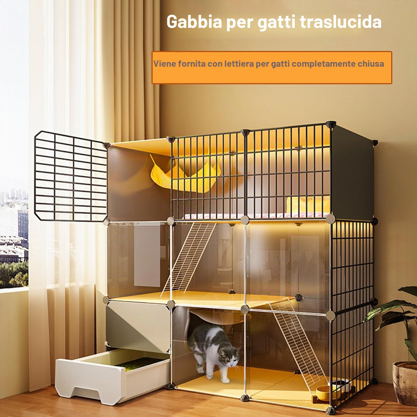 Gabbia Gatto 2 Piani con Lettiera, Recinto Interno/Esterno, Facile Montaggio