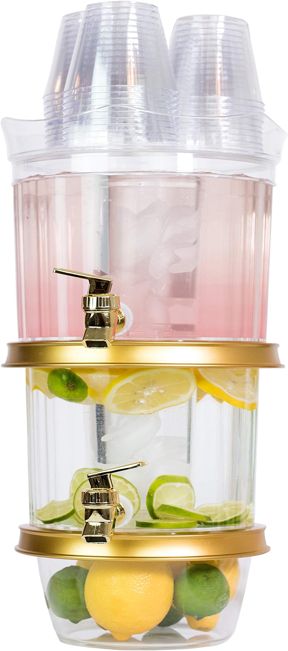 Adorn Home - Crystal Clear 2-Tier Ice Beverage Dispenser | Outdoor/Indoor Drink Beverage Dispenser | 2-Tier, 3 Ice Chambers & 2 Gold plated Faucets | Decorative,Stylish Lid Cover and Cup Tray