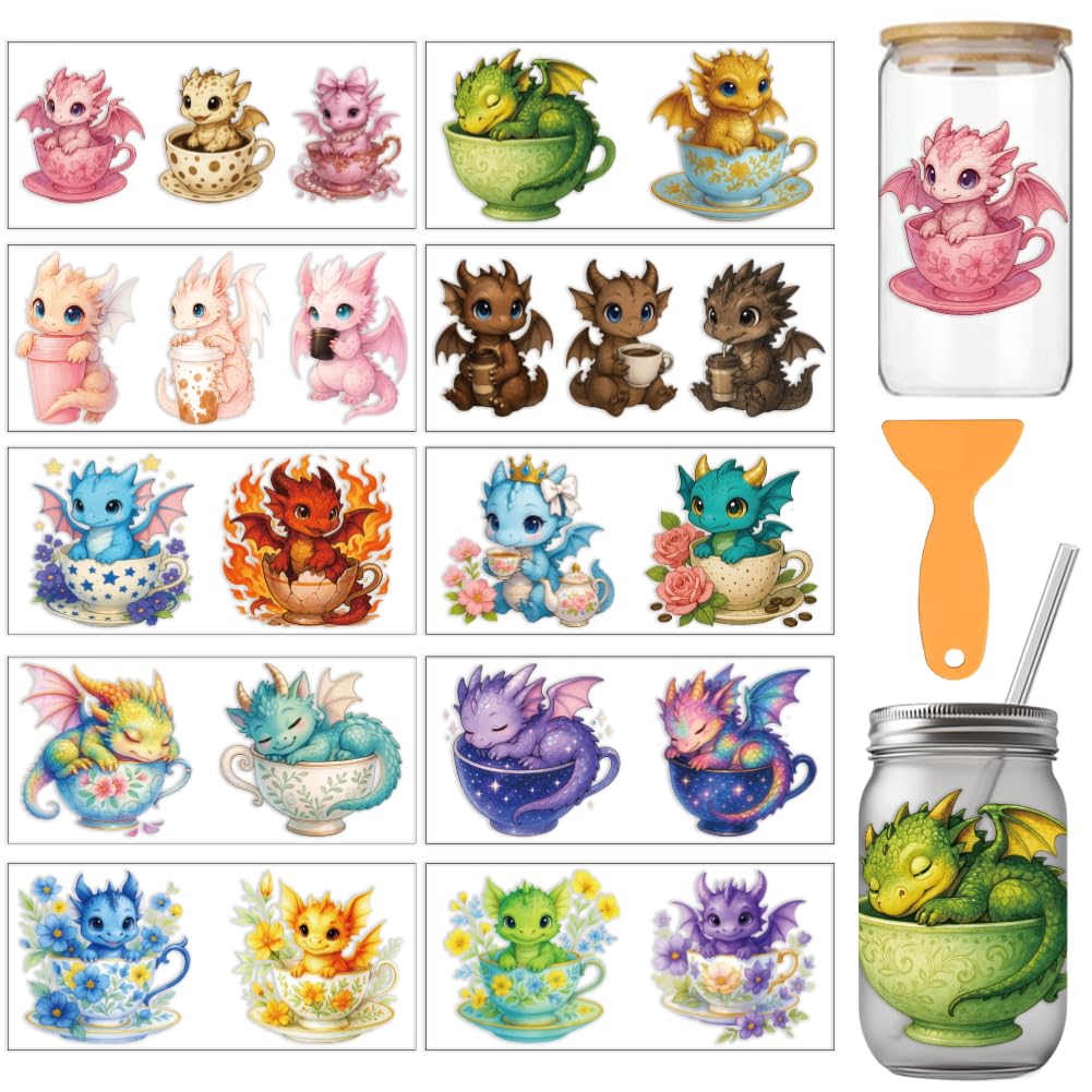arricraft 10 Pcs Teacup Gragons Theme PVC Cup Transfer Stickers, Colorful Teacup Little Fly Dragon Pattern UV Waterproof Cup Sticker for 16 oz Glasses Window Home Printing Decoration 24x11cm โ image 1