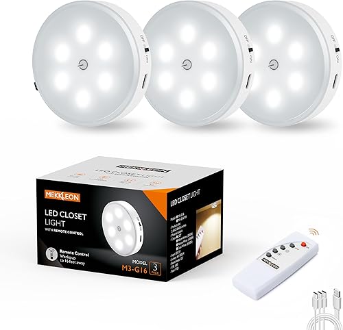 Miniatura 1 de Luces de disco con control remoto, iluminación recargable de 1000 mAh para debajo del gabinete, luces LED de armario, paquete de 3 luces nocturnas,