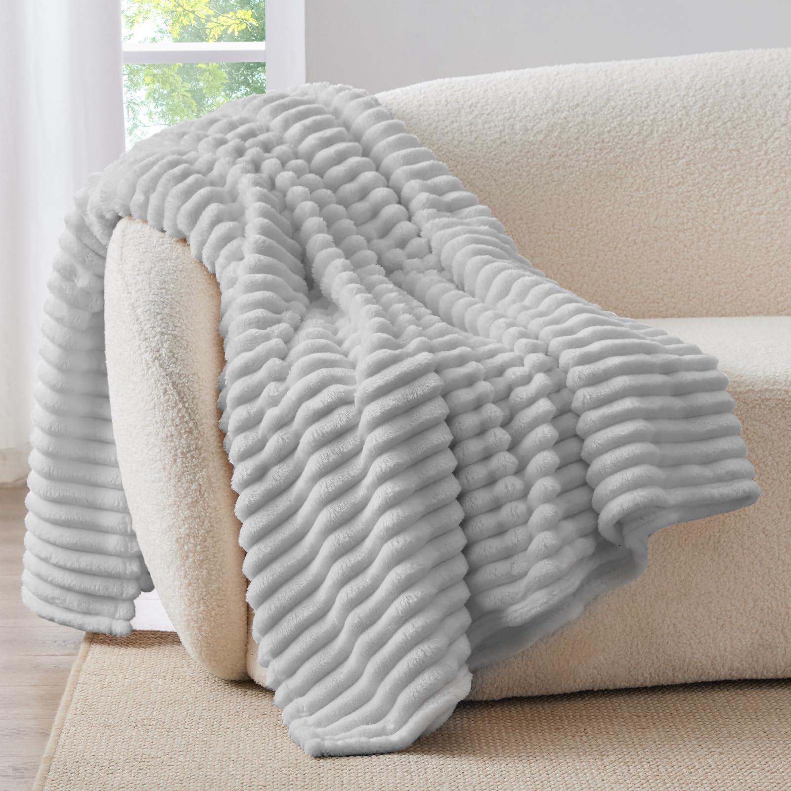 BEDELITE Fluffy Fleece Throw Blanket, Striped Decorative Soft Warm Gift for Sofa Bed Couch, Twin Size, Light Grey