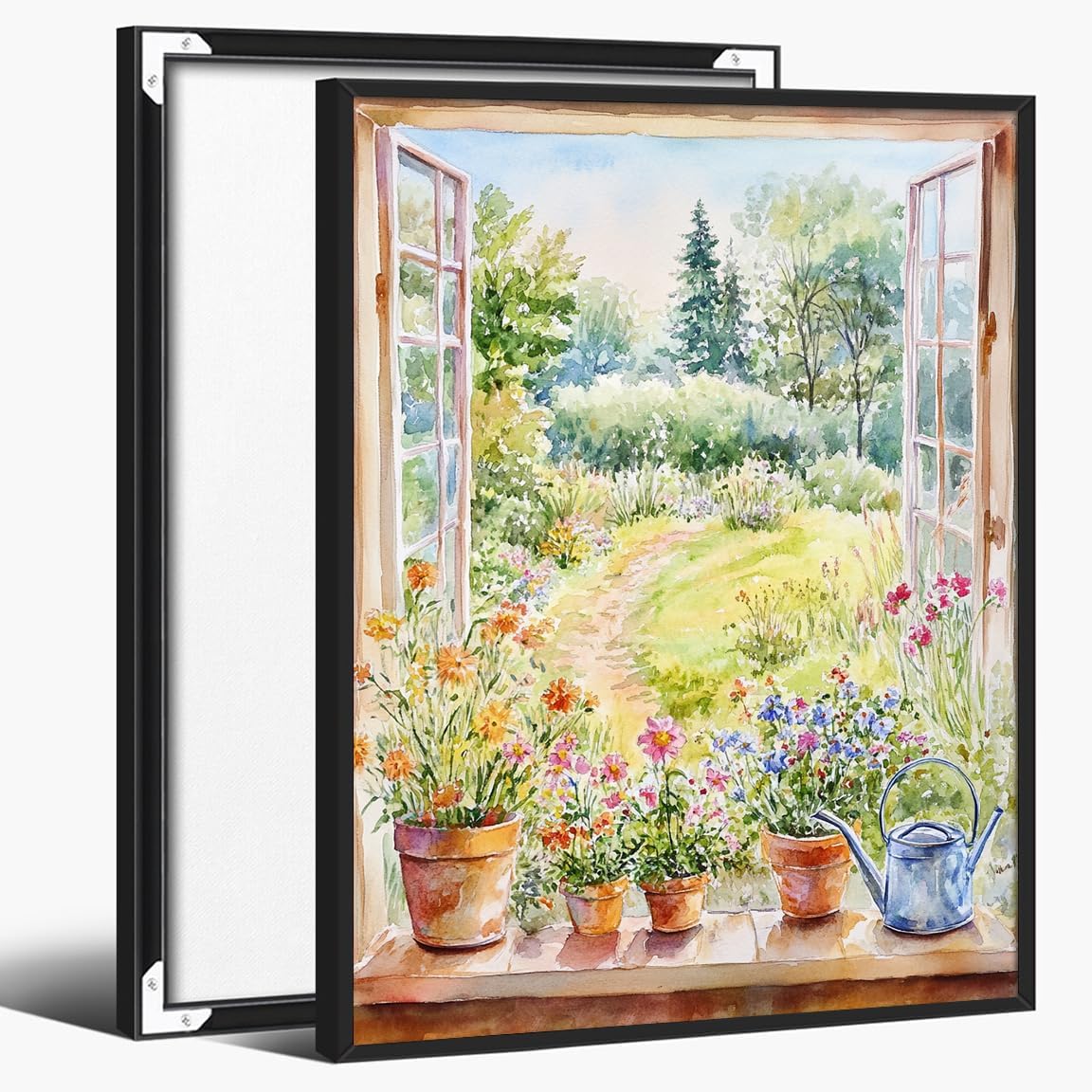 Open Window Garden Print, Cottage Flower View Wall Art, Rustic Window Landscape Poster, Country Birdhouse Painting for Home Decor-12x16Inch Ready to Hang(Framed)
