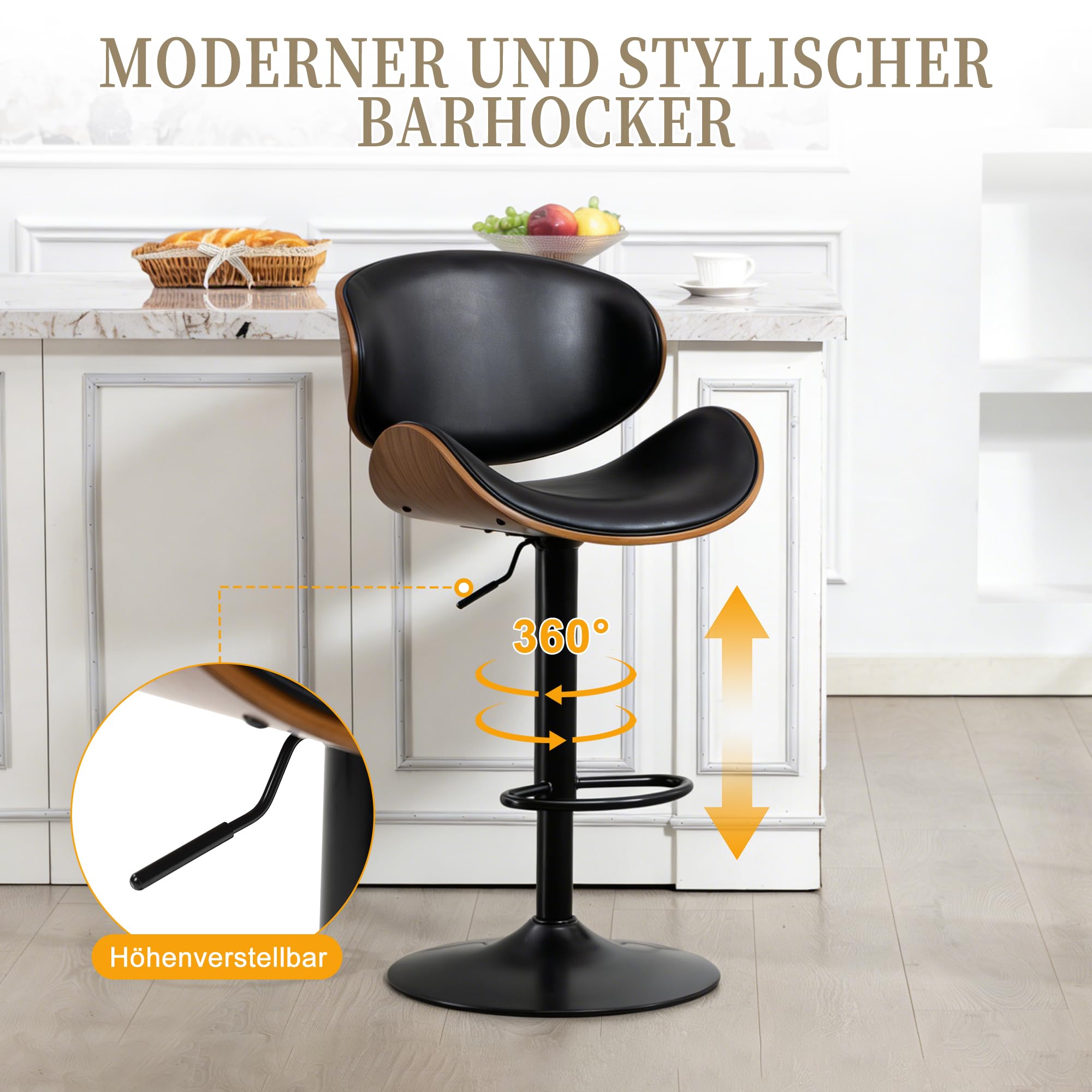 Set di 2 sgabelli da bar girevoli, regolabili in altezza, in legno curvo, con rivestimento in pelle PU, schienale ergonomico e poggiapiedi, per bar, isola cucina, colore: nero