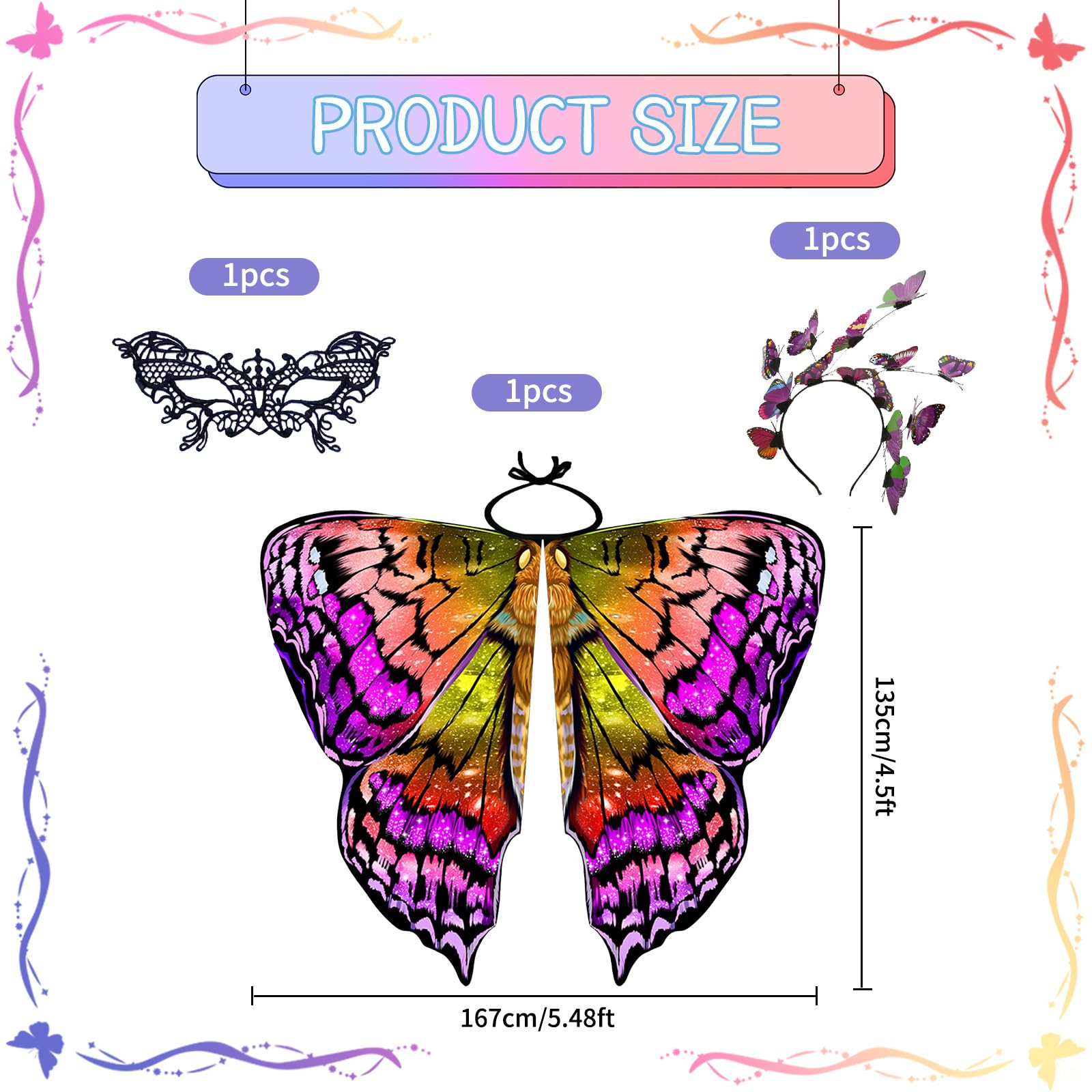 Ali Farfalla Costume,Donna Ali Costume Sciarpa,Mantello Ali Farfalla,Costume Farfalla Scialle Adulti,Costume da Farfalla,Mantella Farfalle Scialle,per Festa di Carnevale Cosplay Halloween
