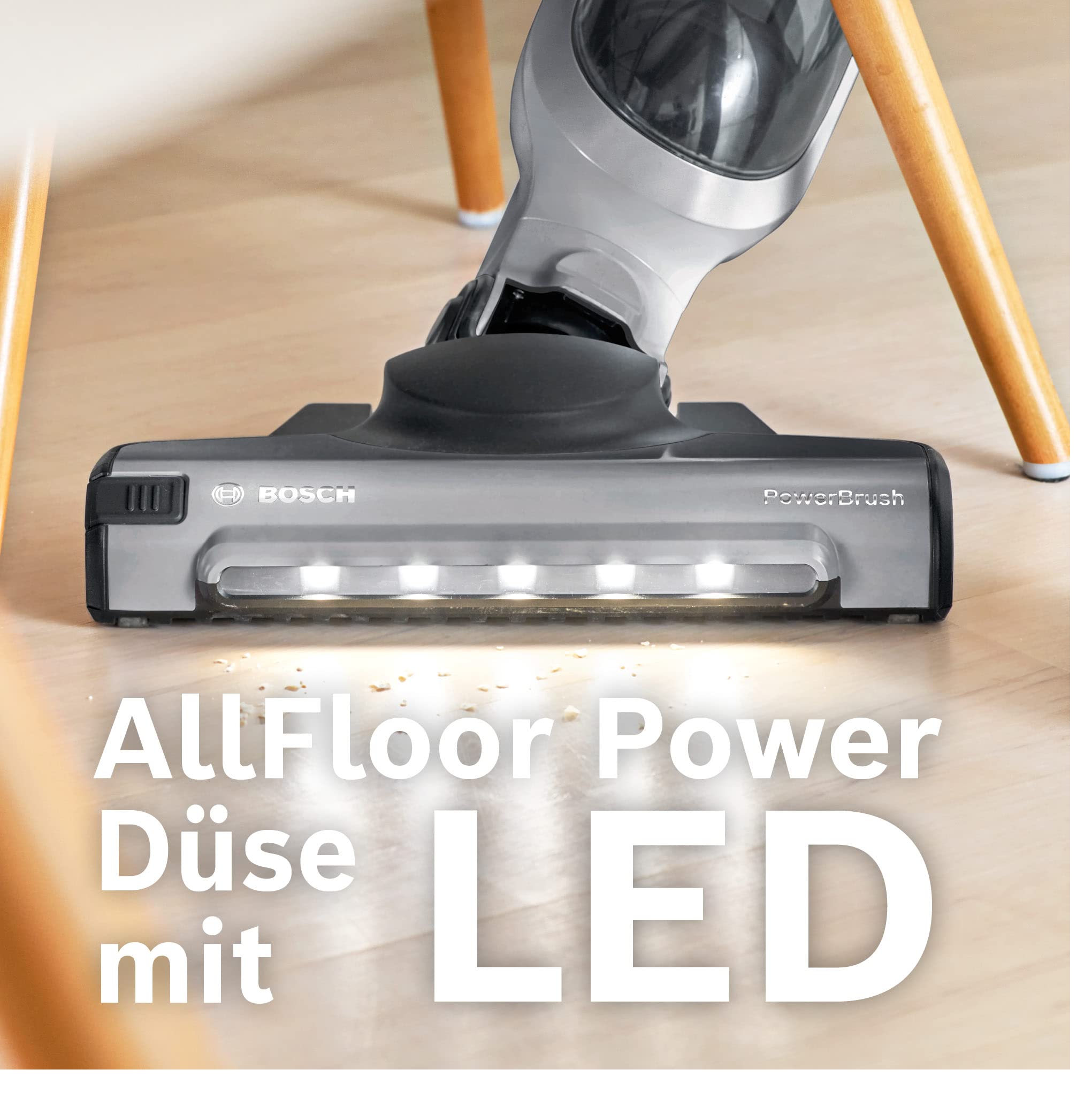 Bosch Akku-Staubsauger Flexxo 2in1 Serie 4 BBH3K2801, kabelloser Handstaubsauger, beutellos, hohe Saugleistung, Lange Laufzeit, Düse mit LED-Beleuchtung, alle Bodenarten, Silber
