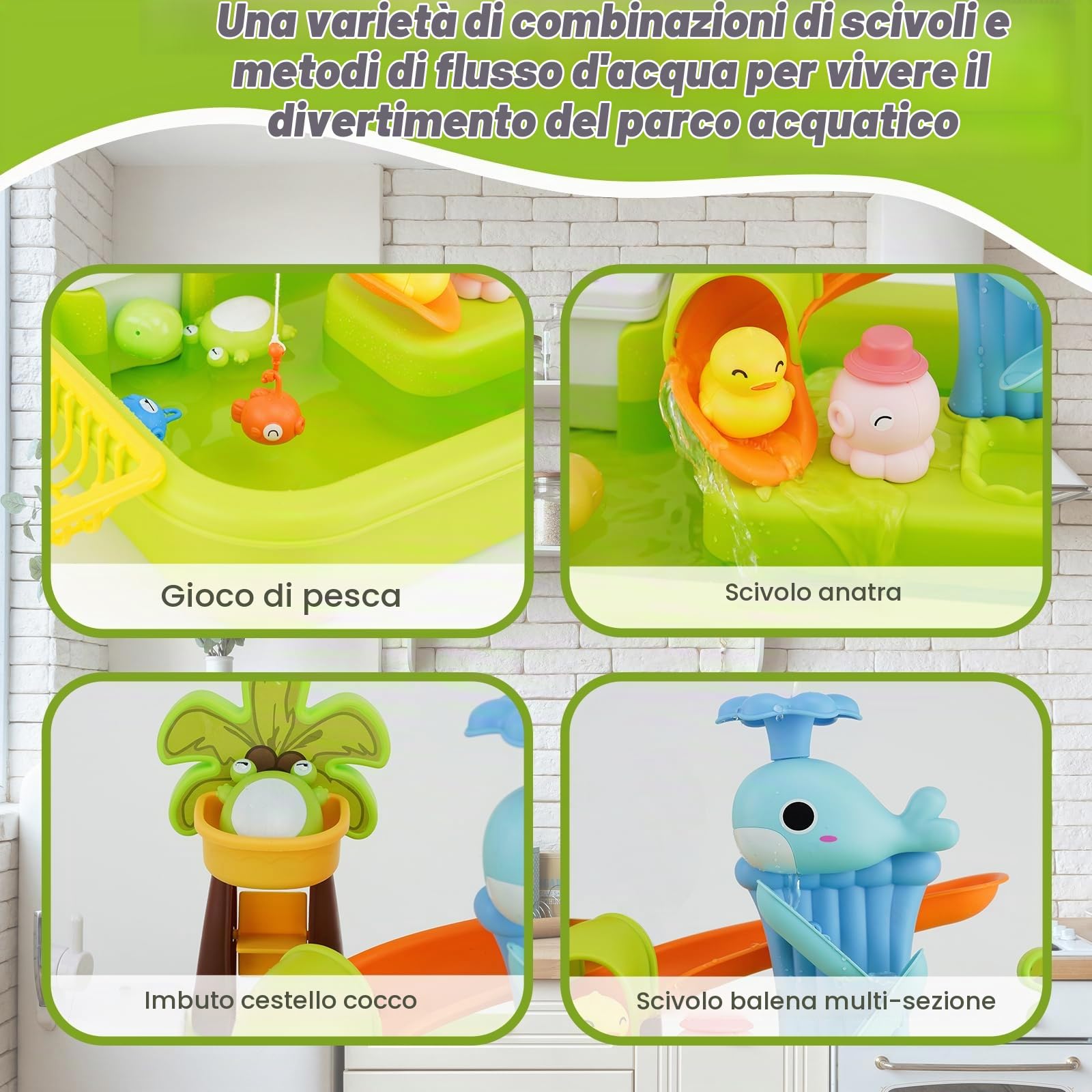 Cucina Giocattolo per Bambini,Lavandino Bambini con Acqua Vera,Rubinetto Aggiornato,Gioco di Pesca e Accessori da Cucina,set cucina bambini,Giocattoli di Ruolo per Ragazzi Ragazze 3 4 5 6(Verde)