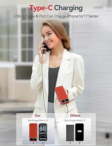 Miniatura 5 de Cargador portátil ligero de 20000 mAh con cables integrados y enchufe de pared de CA, batería de carga rápida PD20W USB-C, pantalla LED, cargador