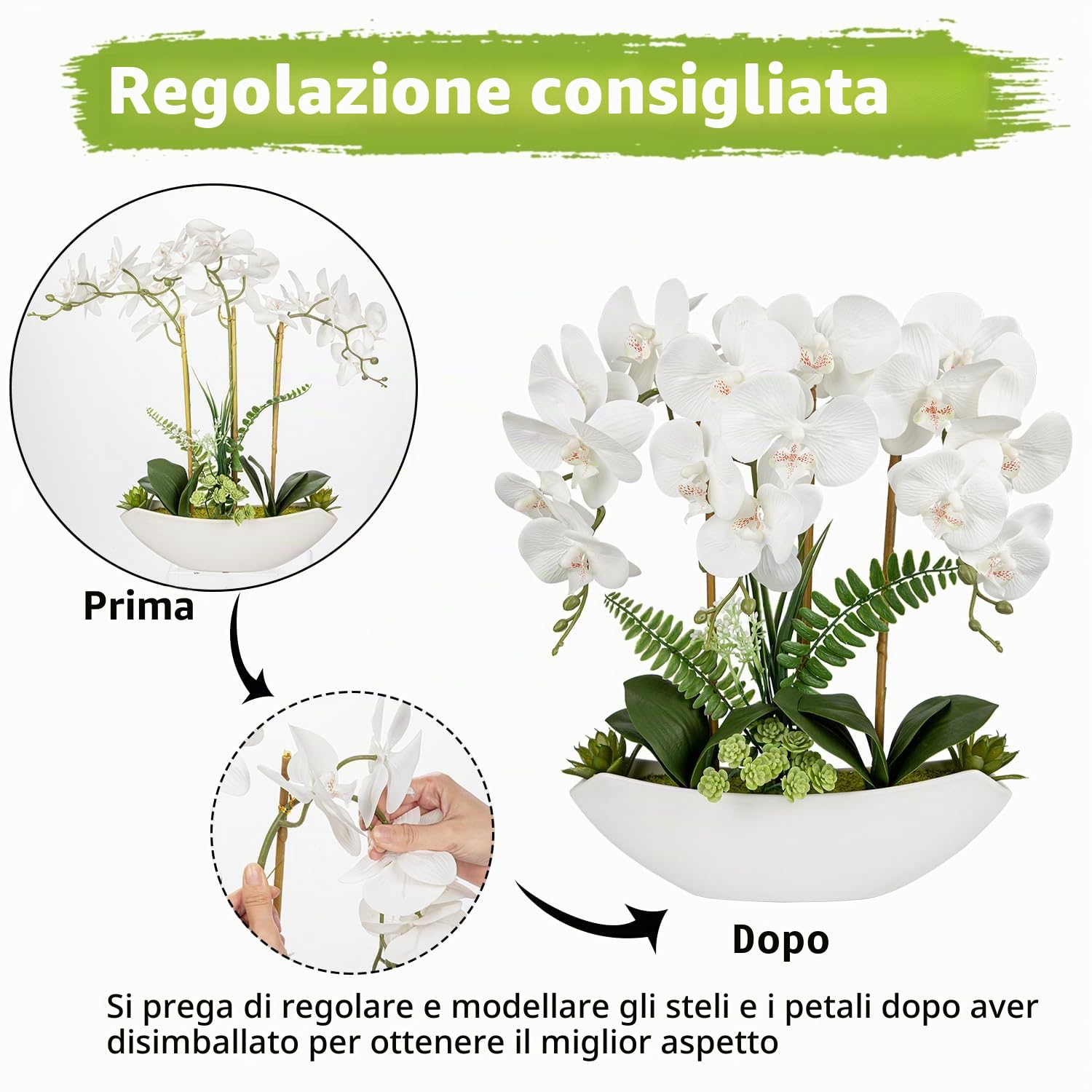 Oairse Orchidea artificiale da 45,7 cm, fiori artificiali bianchi di orchidea finta di seta con vaso in ceramica, grande composizione Phalaenopsis finta per casa, ufficio, camera, soggiorno, tavolino