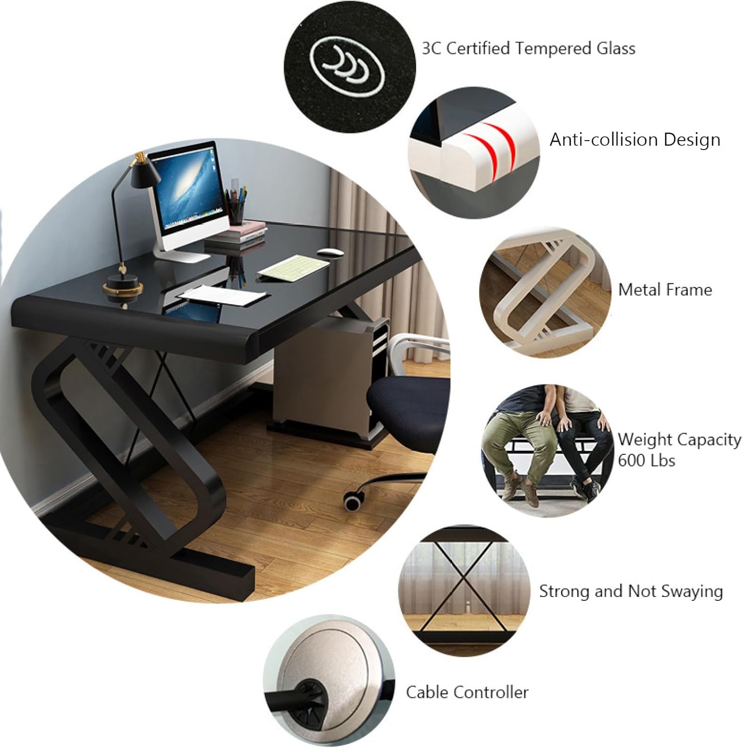 Tempered Glass Computer Desk Modern Student Writing Desk Study Desk, Home Office Desk Gaming Desk Personal Workstation, 47 Inch