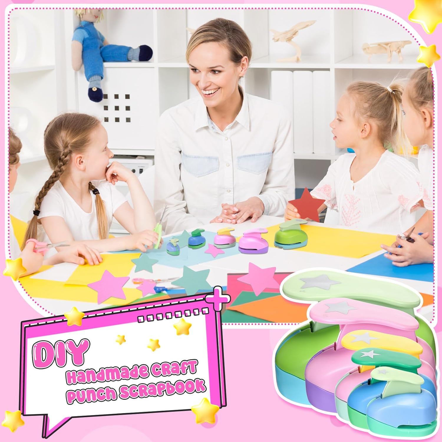 Zonon 5 Pieces 2" / 1.5" / 1" / 5/8" / 3/8" Star Shaped Punch Scrapbook Paper Cutter Crafts Puncher Handmade Craft Hole Punch for Office Supplies, Card Making, DIY Albums Photos(Star)