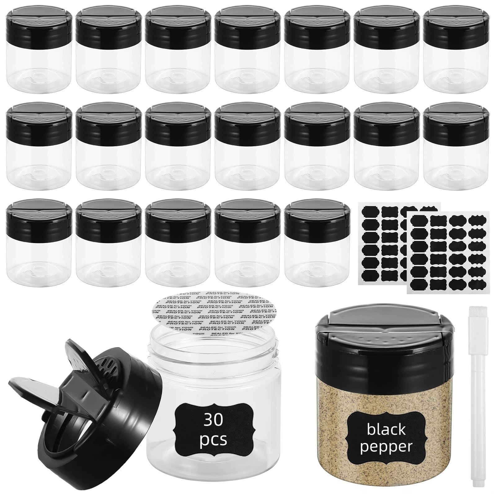 Gewürzgläser aus transparentem Kunststoff mit doppeltem Klappdeckel, 118 ml, Aufbewahrungsbehälter für Gewürze, Gewürz-Organizer-Set mit Etiketten und Marker, ideal für Küche und Handwerk, 30 Stück