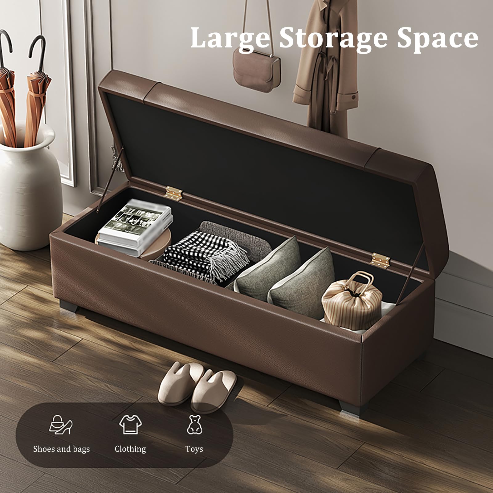 Banco Otomano De Cuero Impermeable con Almacenamiento, Estructura De Madera Maciza, Acolchado, Baúl Grande For Dormitorio Y Sala De Estar.(Color B,120X40X42CM)
