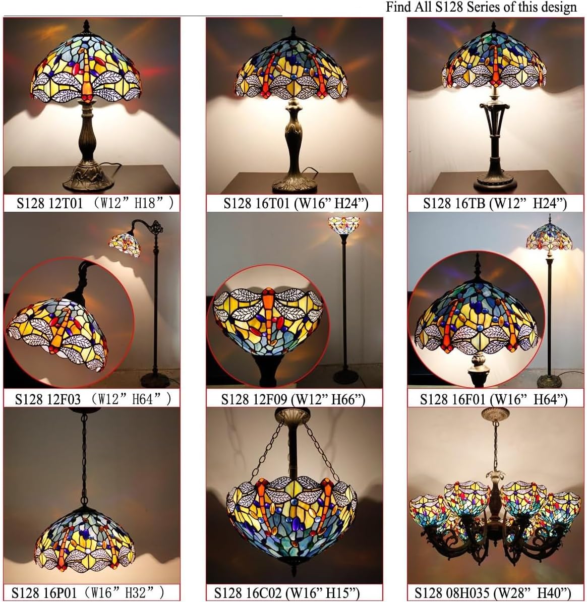 WERFACTORY Tiffany Lamp Stained Glass Bedside Table Lamp Navy Blue Yellow Turquoise Dragonfly 16X16X24 Inch Desk Light Metal Base Decor Bedroom Living Room Home Office S128 Series