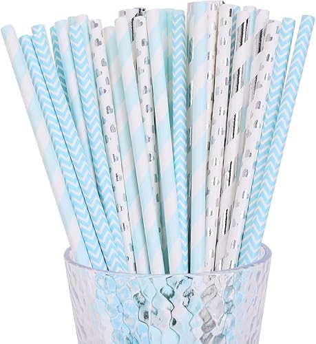 YAOSHENG Pajitas de papel azul y plateado, paquete de 100 para suministros de fiesta, cumpleaños, boda, noviababy shower, jugo, batidos, batidos
