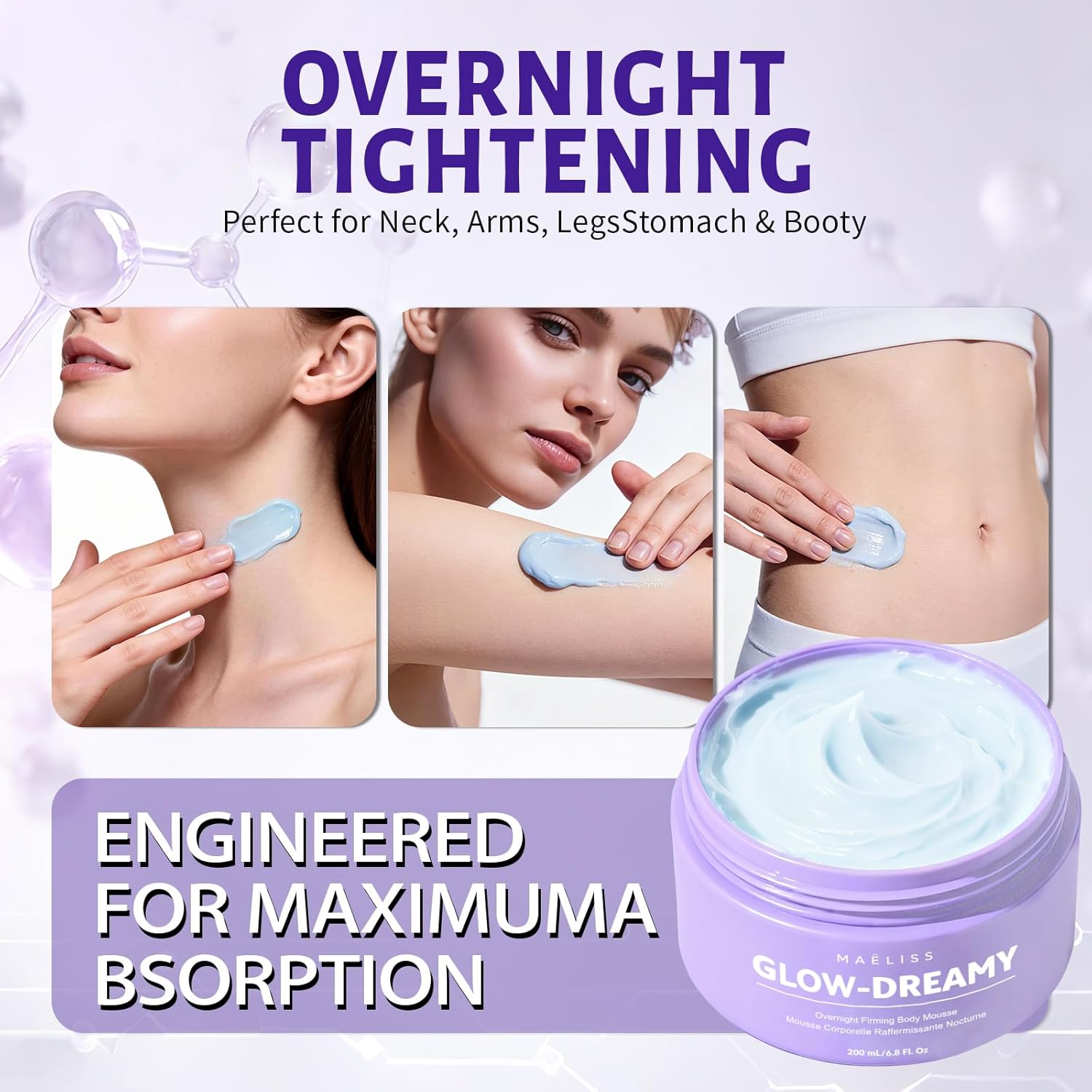 MAËLISS Overnight Toning Body Whip - Firming for Loose Crepey Skin on Arms, Thighs & Belly, Moisturizing & Anti-Wrinkle Night Cream to Improve Tone While You Sleep, 6.8 Fl oz