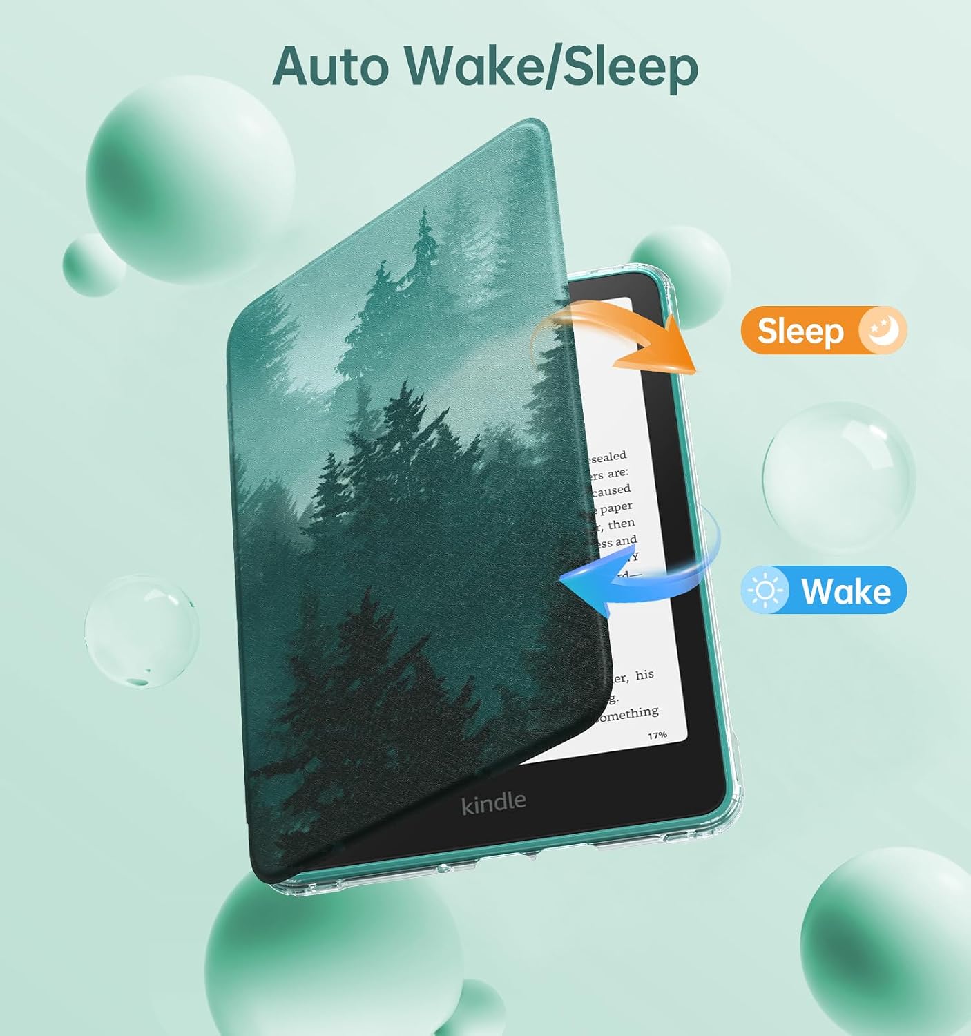 MoKo 360° Rotating Case for 7" eBook Reader 12th Generation 2024, Clear Back Detachable Magnetic Protective Adjustable Stand Cover with Auto Wake/Sleep, Not for TCL Remarkable Kobo, Green Forest