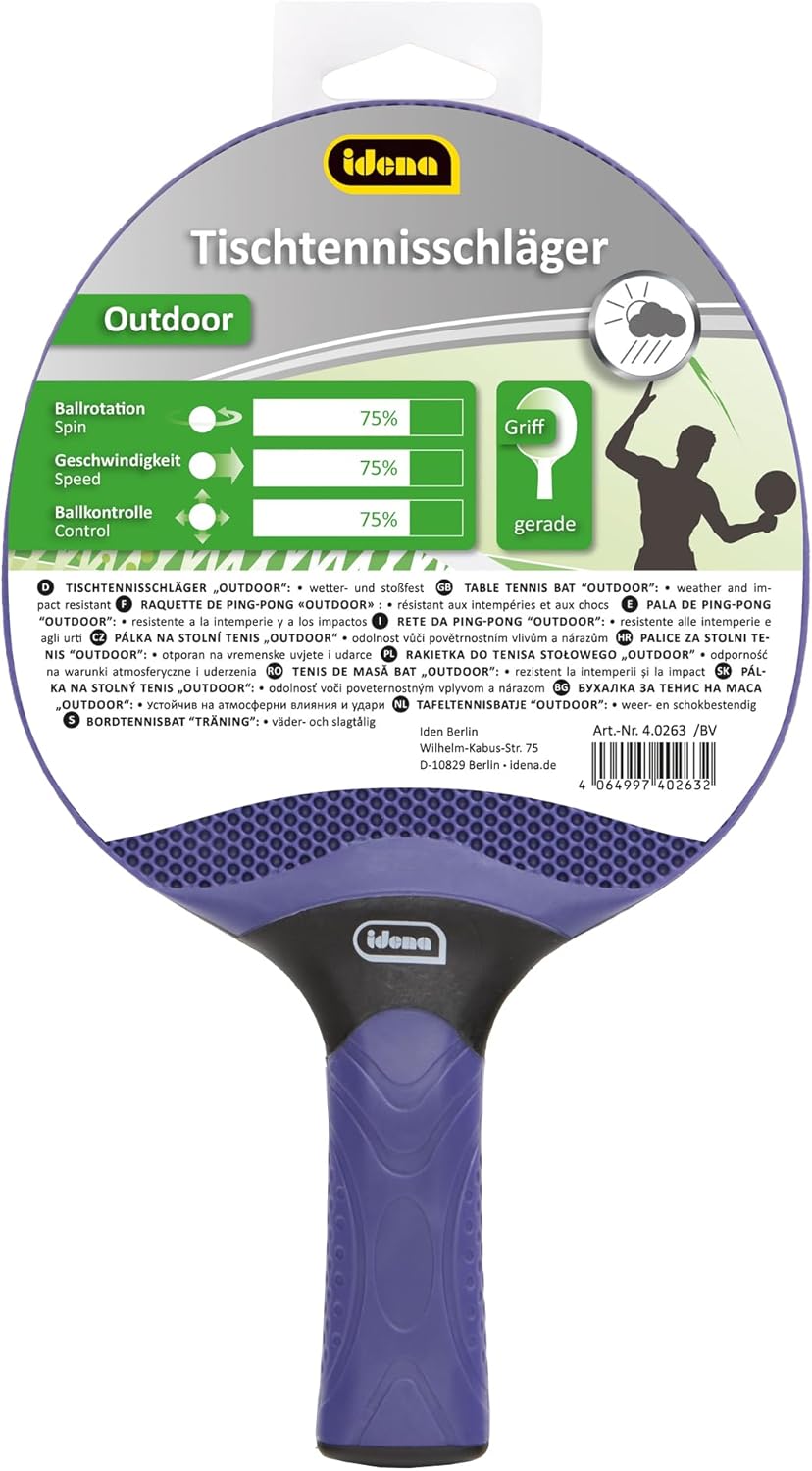 Idena 40263 Table Tennis Bat with Straight Handle, Weatherproof and Shockproof Outdoor Bat Made of Plastic, Washable and Waterproof