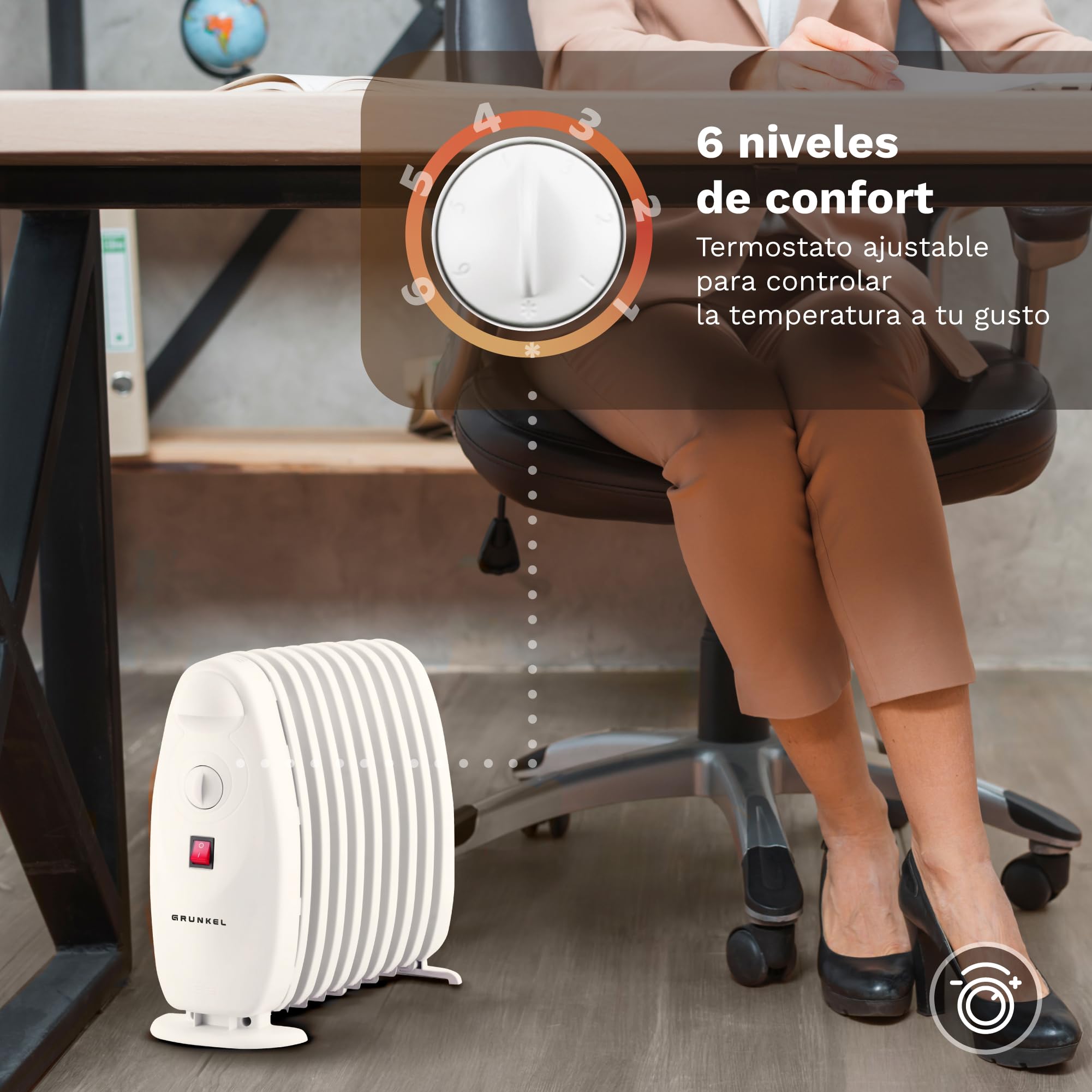 Grunkel - Radiador de Aceite de 7 elementos 800W RACP-80D Emisor de calor de bajo consumo 3 niveles de calor regulables, termostato y sistema de protección sobrecalentamiento.