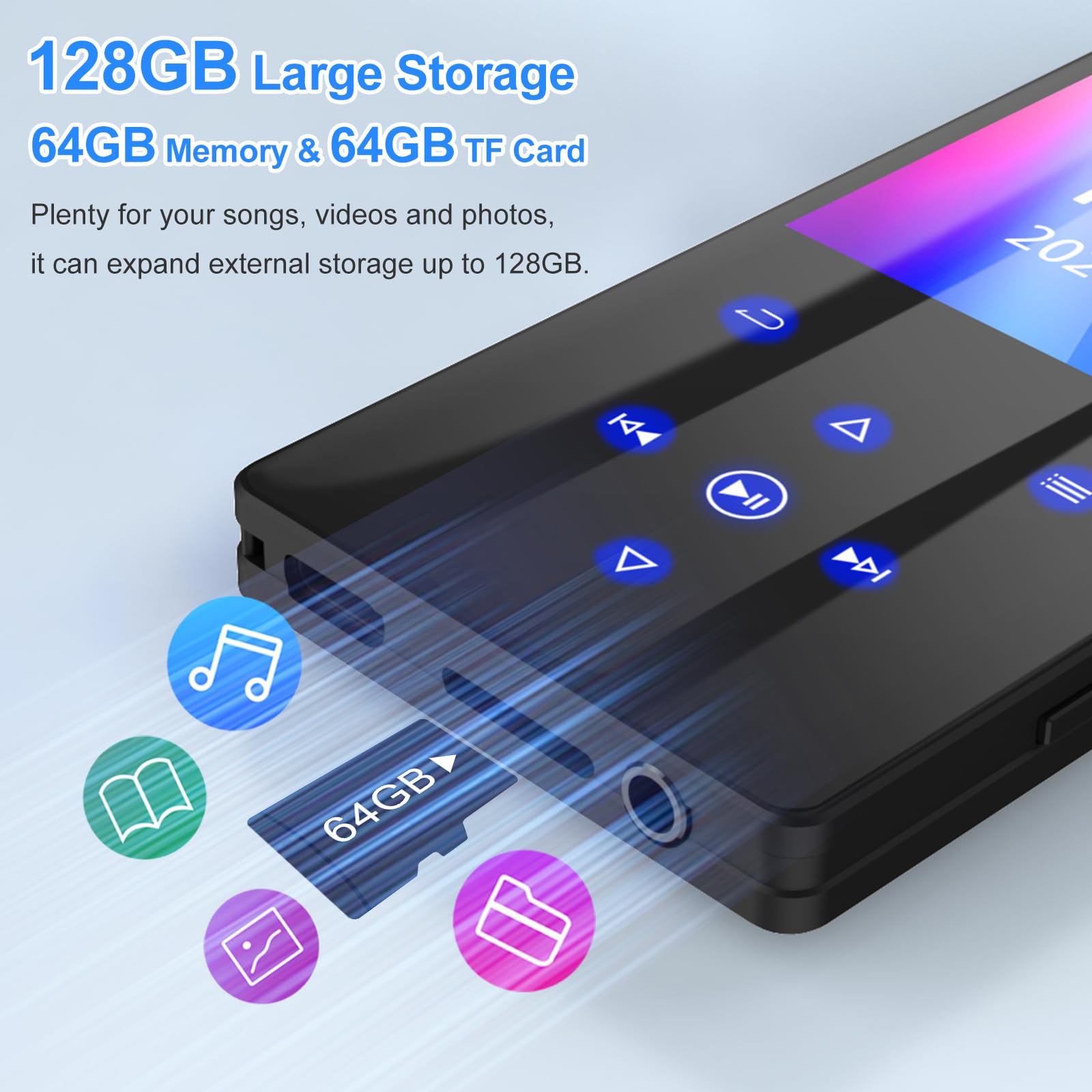 Gueray 128GB MP3 Player With Bluetooth 5.0 Portable Digital Music Player With HiFi Sound Built-in Speaker Support FM Radio Voice Recorder Ebook TF Card