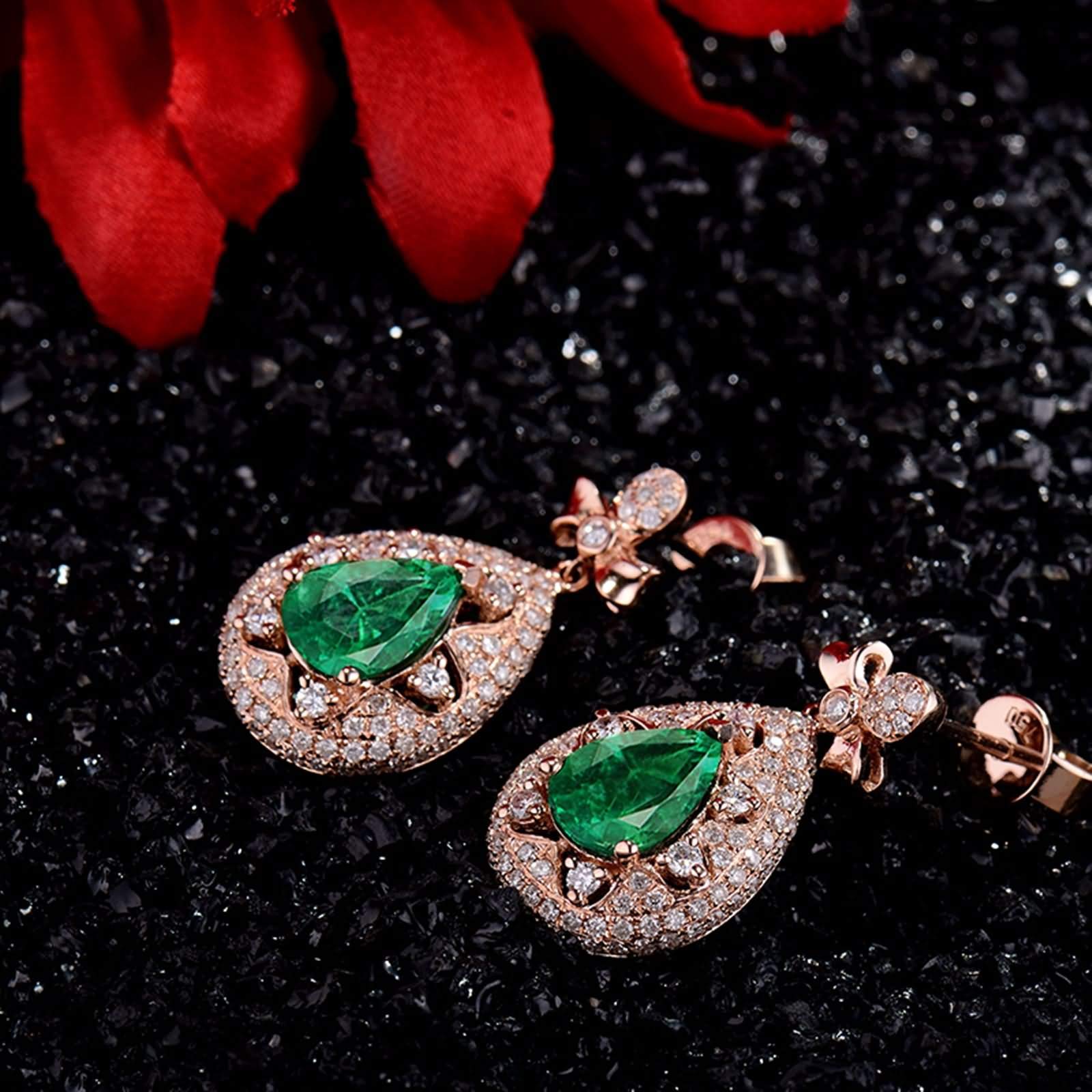 Epinki Rose Gold 750 Ohrringe Hängend, Träne Tropfen Ohrschmuck mit Smaragd 1.85ct Grün, Geschenk für Valentinstag, Rose Gold