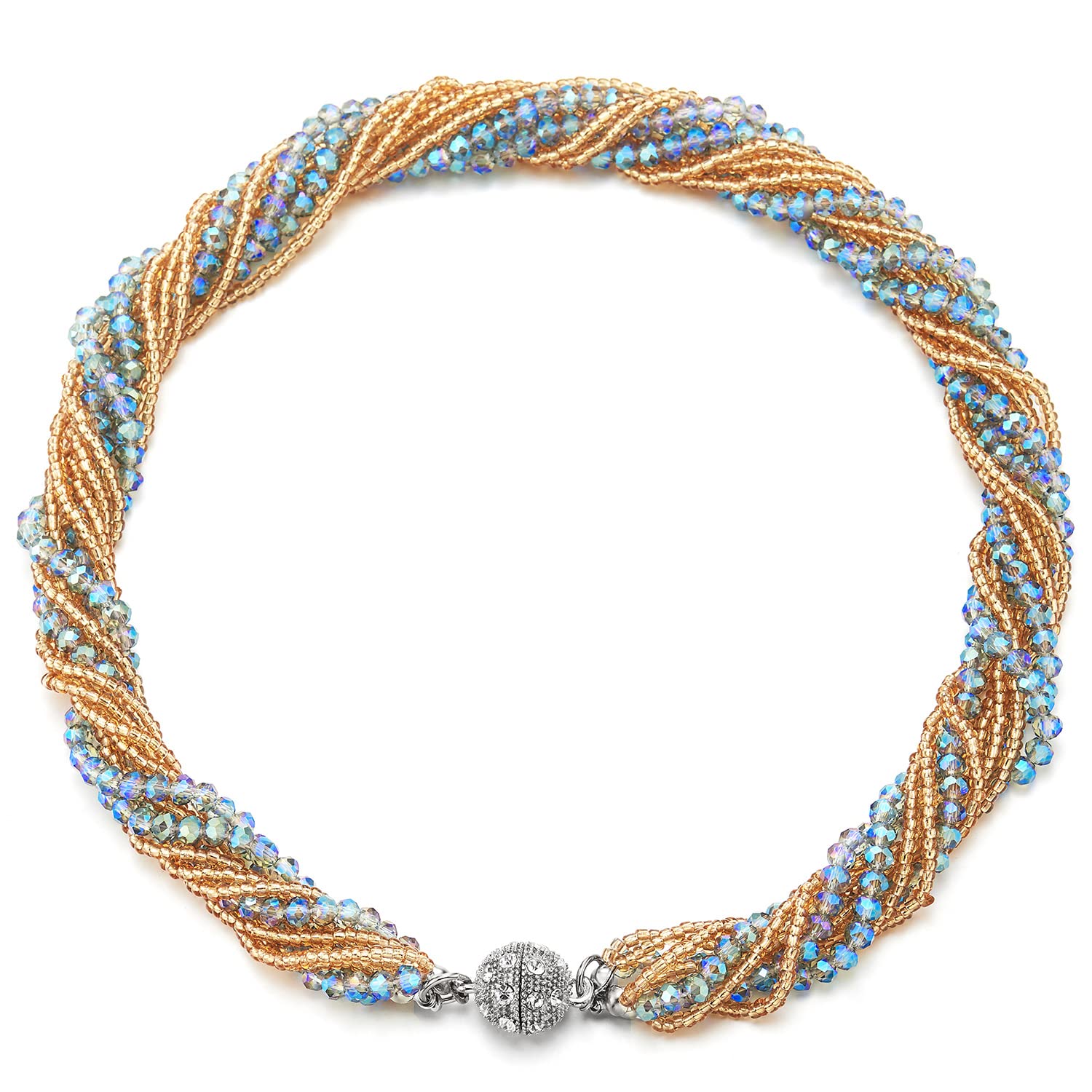 COOLSTEELANDBEYOND Multi-Layer Beads Crystal Braided Chain Choker Collar Magnetic Clasp,Statement Necklace, Bracelet