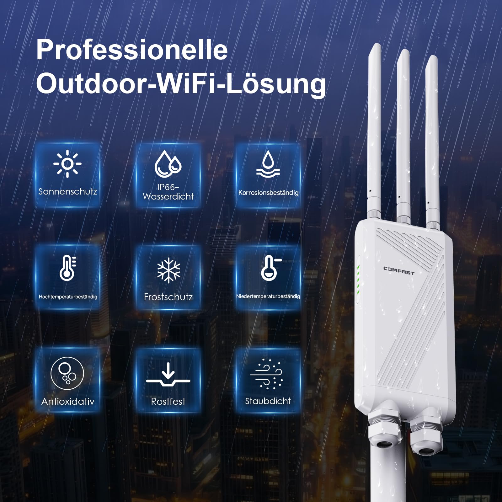 COMFAST Outdoor WLAN Access Point, WiFi 7 3600 Mbit/s Outdoor WLAN Repeater Dualband mit 3 abnehmbaren Antennen, 3 Gigabit-Ethernet-Ports, 48V PoE & 12V DC, MU-MIMO, IP66, Router/AP/Repeater Modus
