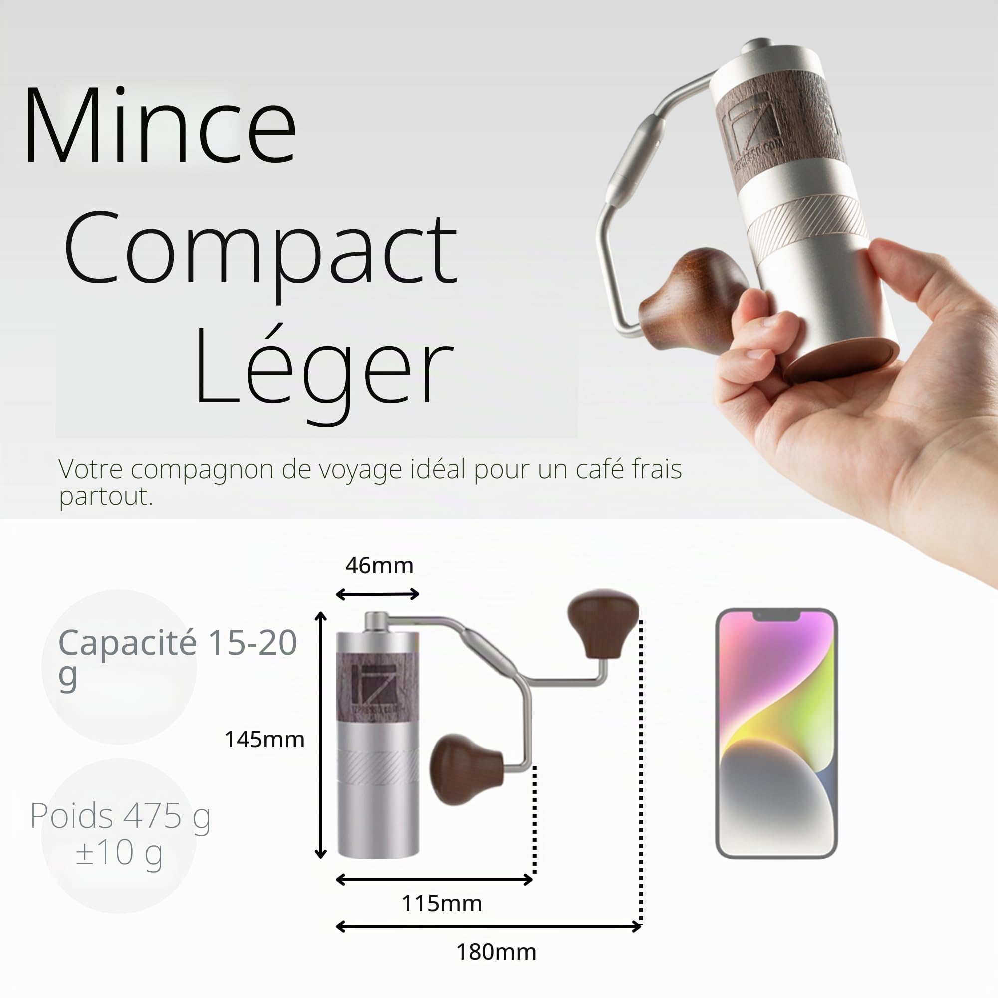 Moulin à Café Manuel 1Zpresso Q Heptagonal Version Format Voyage Adapté à la ventouse,Assemblage avec Meule Conique en Acier Inoxydable,Réglage et Ajustement Interne à Chiffres