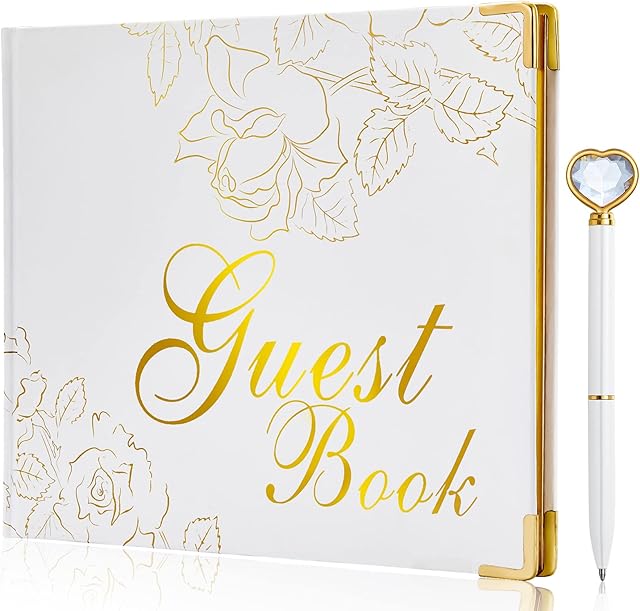 Hardcover Guest Book&Pen-Decorate for Weddings,Birthdays,Baby Shower Anniversaries,7"×9",60 Pages Photo Album Sign-in Guest Book with Gold Foil & Gilded Edges(White)