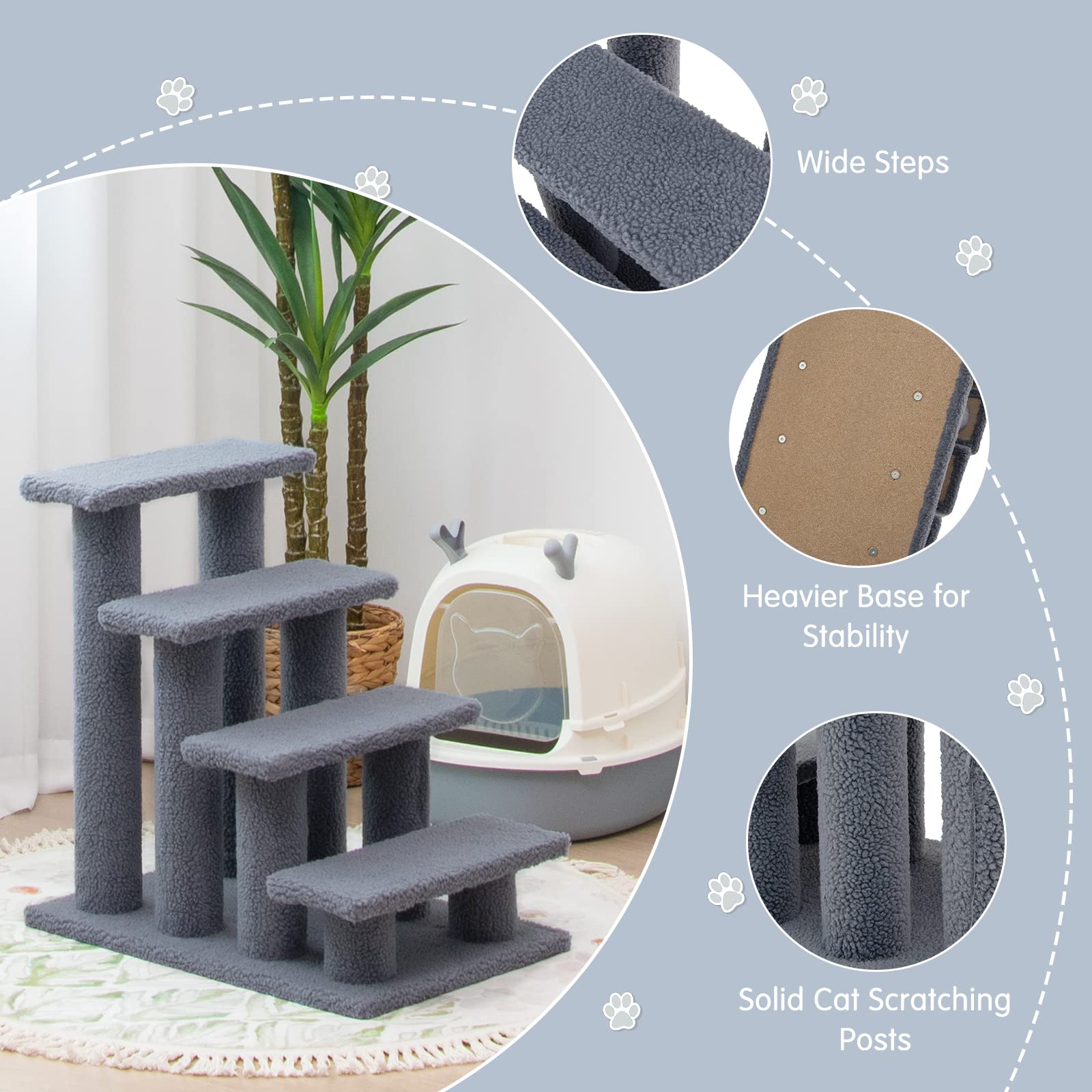Tangkula Escaleras para mascotas para gatos y perros, rampa de escalera alfombrada de 4 escalones, poste rascador para gatos, escaleras para perros de varios escalones para camas altas, sofá (gris)