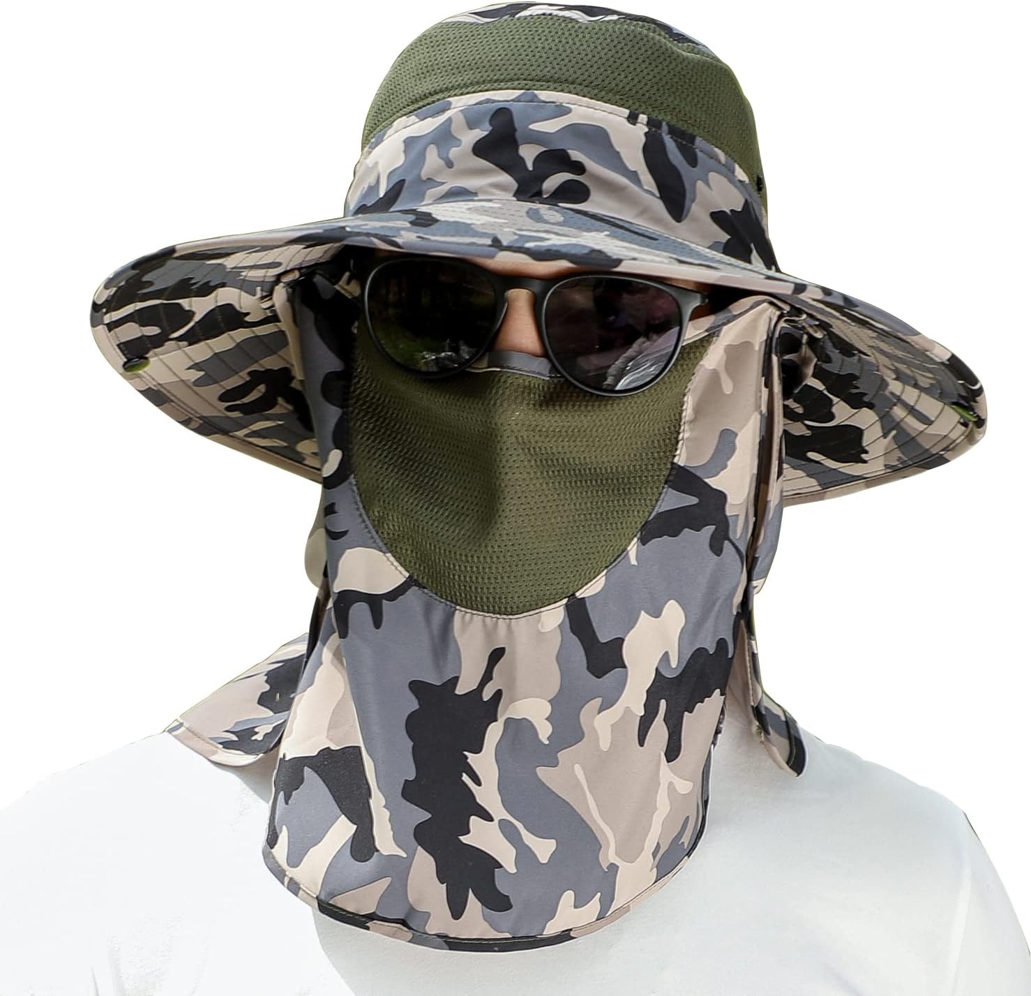 UPF 50+ Sun Fishing Hat for Men Women Wide Brim Hat with Detachable Face Cover & Neck Flap