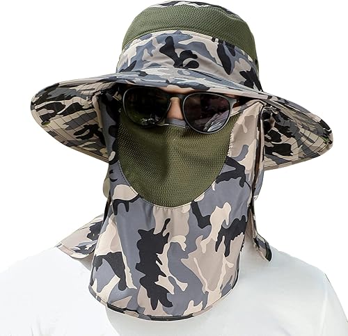 Sombrero de pesca solar UPF 50+ para hombres y mujeres, sombrero de ala ancha con cubierta facial desmontable y solapa para el cuello